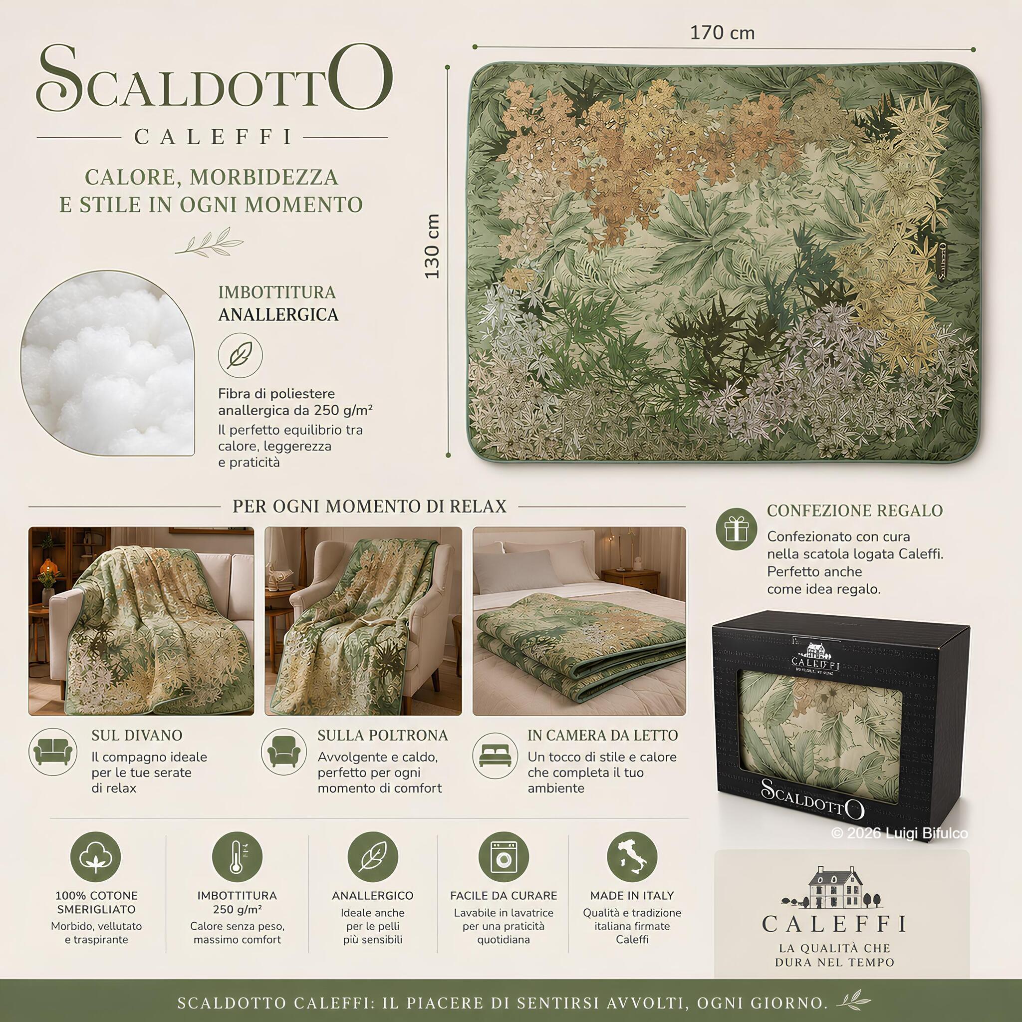 Misure dello Scaldotto Caleffi Oasi Verde 130x170 cm con imbottitura anallergica da 250 g/m²