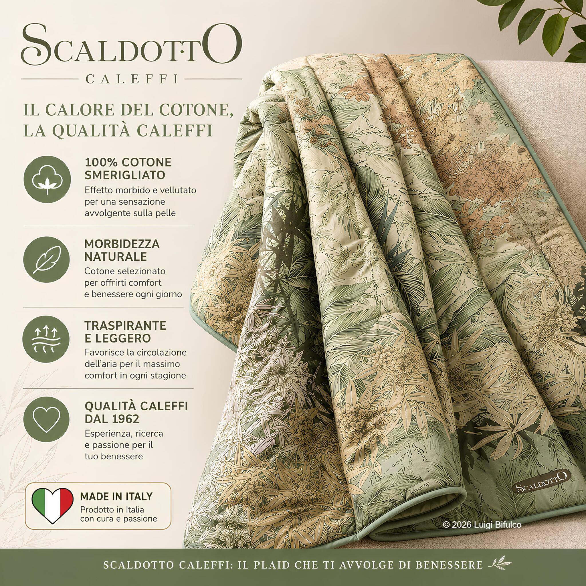 Caratteristiche dello Scaldotto Caleffi Oasi Verde in 100% cotone smerigliato morbido e traspirante Made in Italy