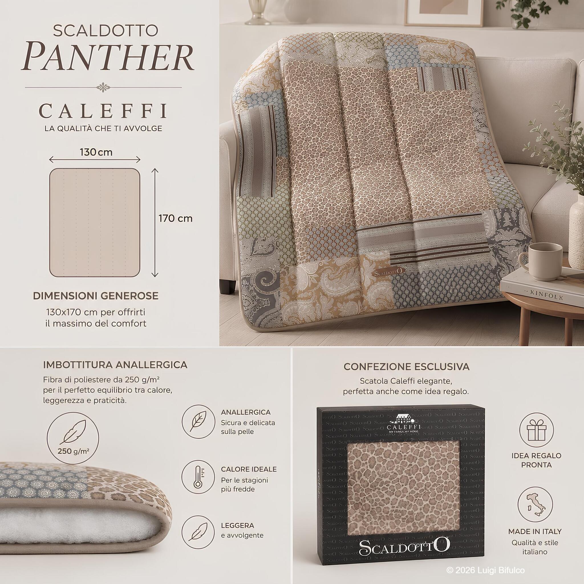 Infografica Scaldotto Caleffi Panther 130x170 cm con imbottitura anallergica da 250 g/m² e scatola regalo