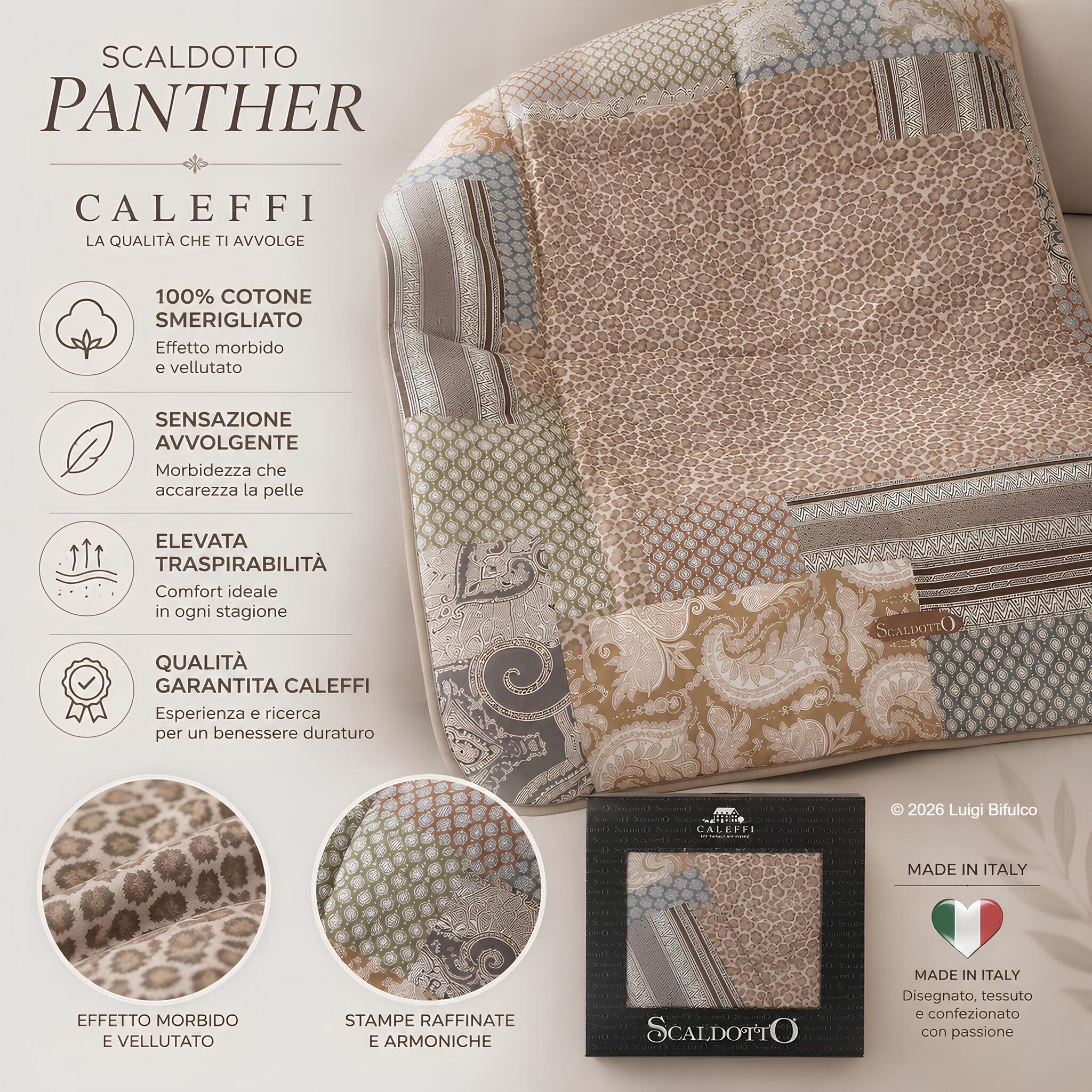 Caratteristiche dello Scaldotto Caleffi Panther in 100% cotone smerigliato morbido e traspirante Made in Italy