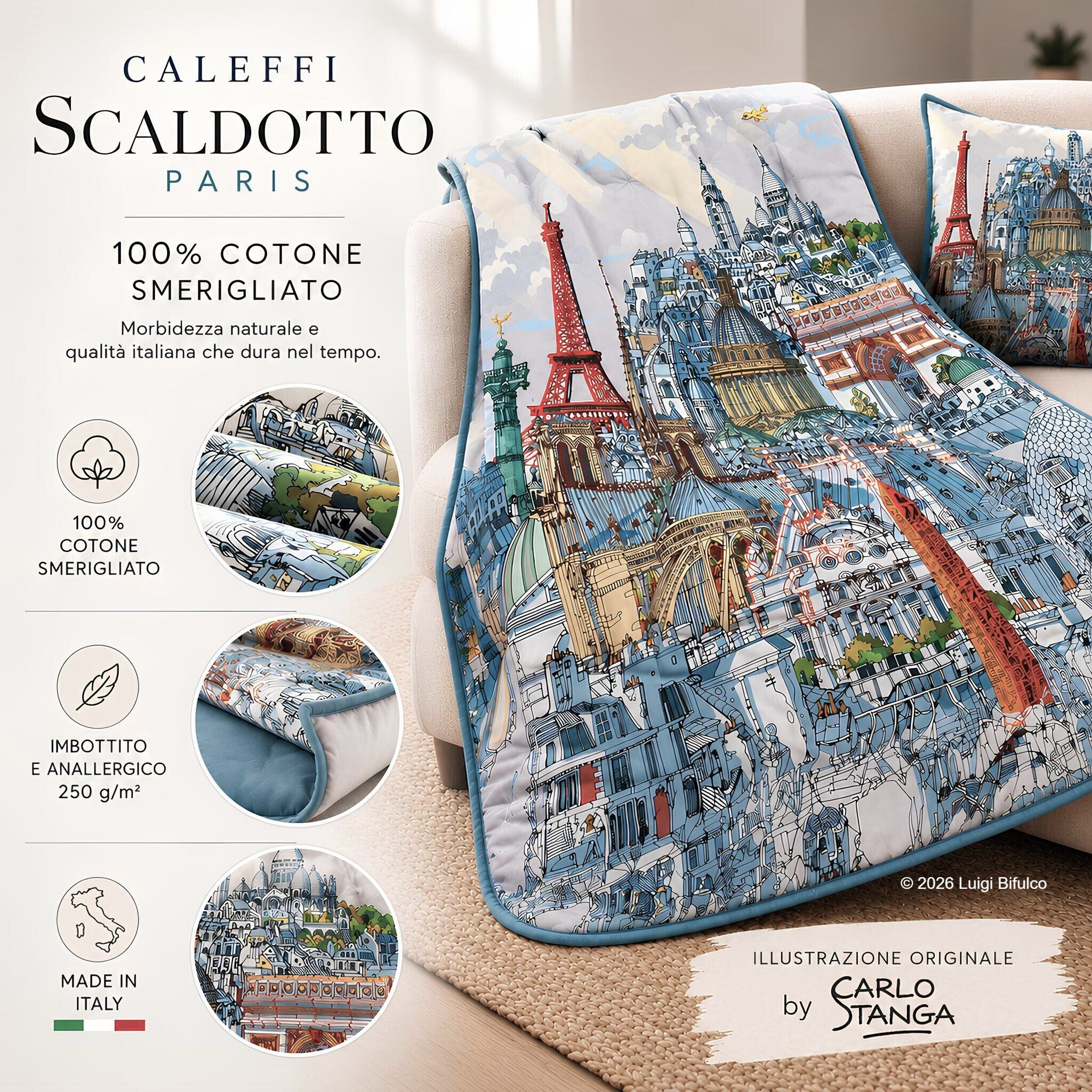 Infografica Scaldotto Caleffi Paris in 100% cotone smerigliato imbottito anallergico Made in Italy