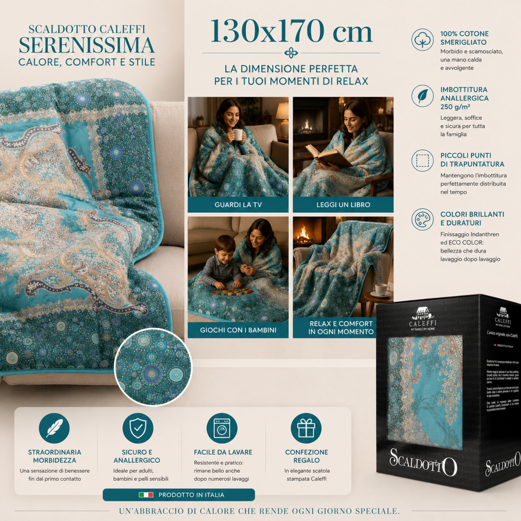 Dimensioni scaldotto Caleffi Serenissima Turchese 130x170 cm