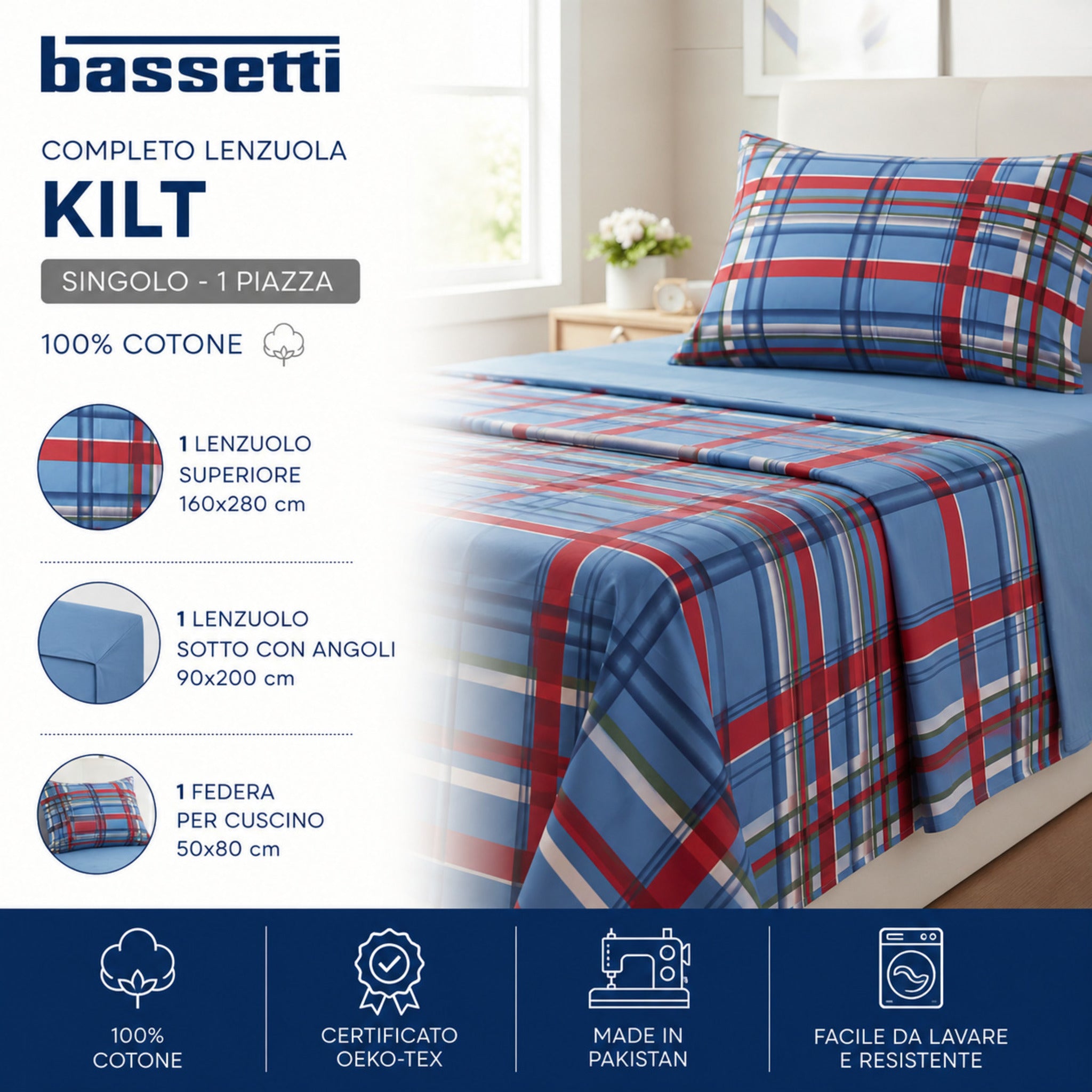 Scheda tecnica completo lenzuola singolo Bassetti Kilt blu 100% cotone