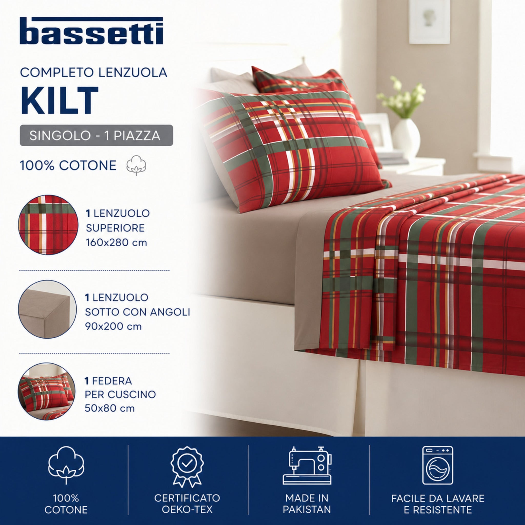 Scheda tecnica completo lenzuola singolo Bassetti Kilt rosso 100% cotone