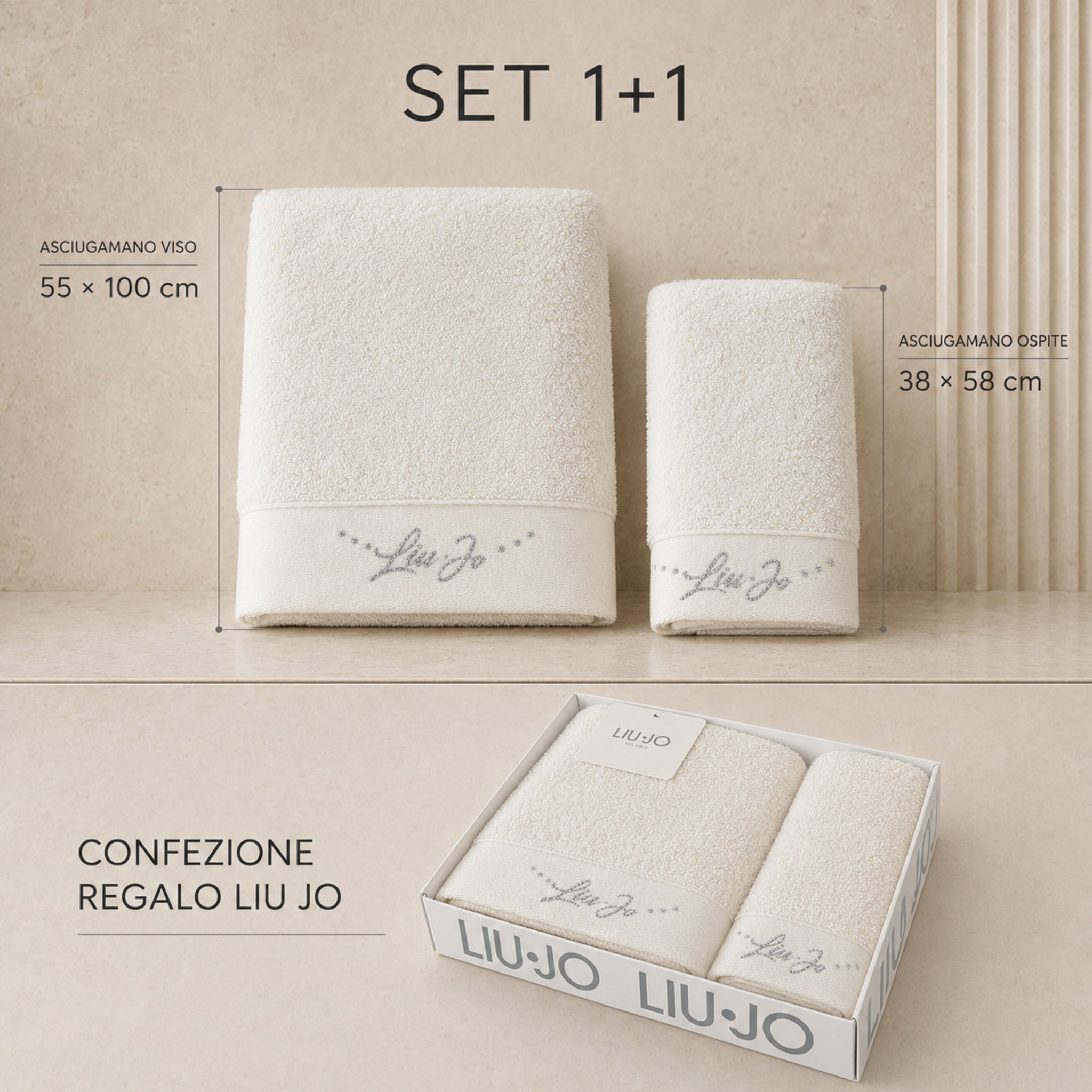 Set 1+1 Liu Jo Happy avorio con misure 55 × 100 e 38 × 58 cm e confezione regalo logata