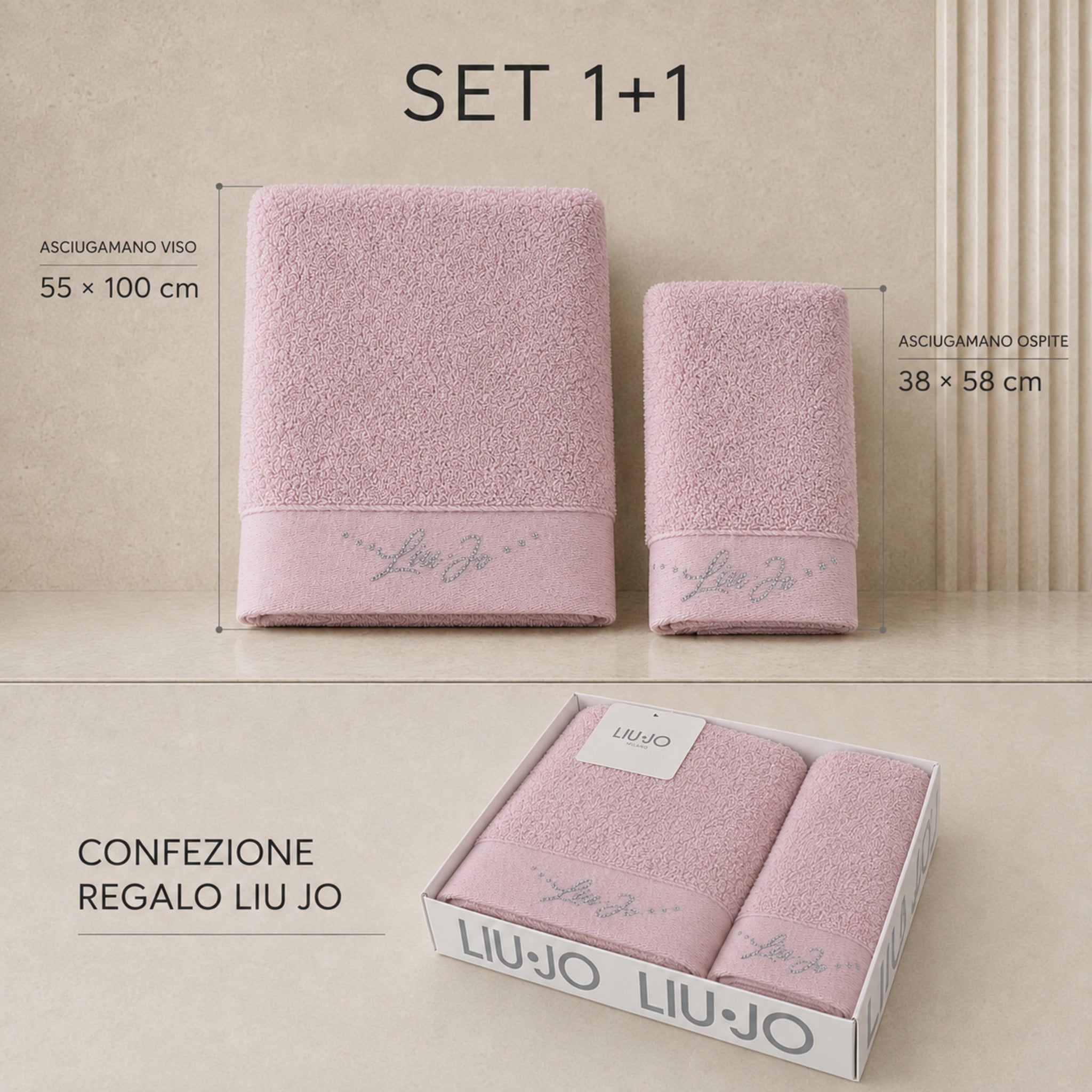 Set 1+1 Liu Jo Happy rosa con misure 55 × 100 e 38 × 58 cm e confezione regalo logata