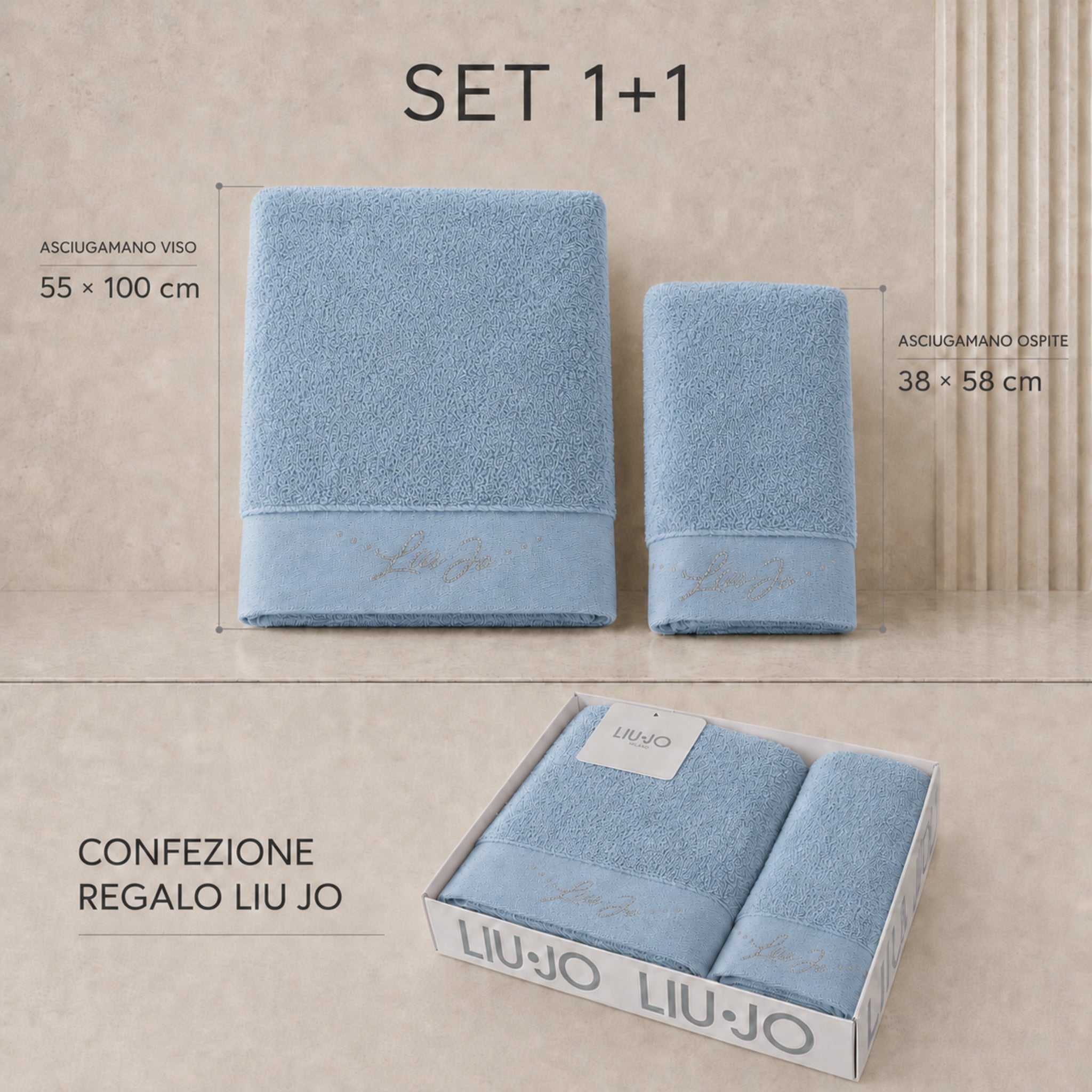 Set 1+1 Liu Jo Happy zucchero con misure 55 × 100 e 38 × 58 cm e confezione regalo logata
