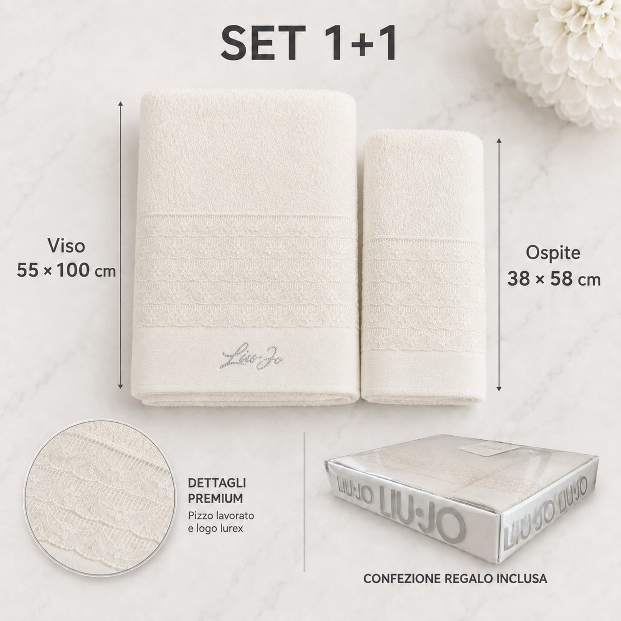 Set Liu Jo Paradiso Avorio con asciugamano viso 55 × 100 cm, ospite 38 × 58 cm e scatola regalo