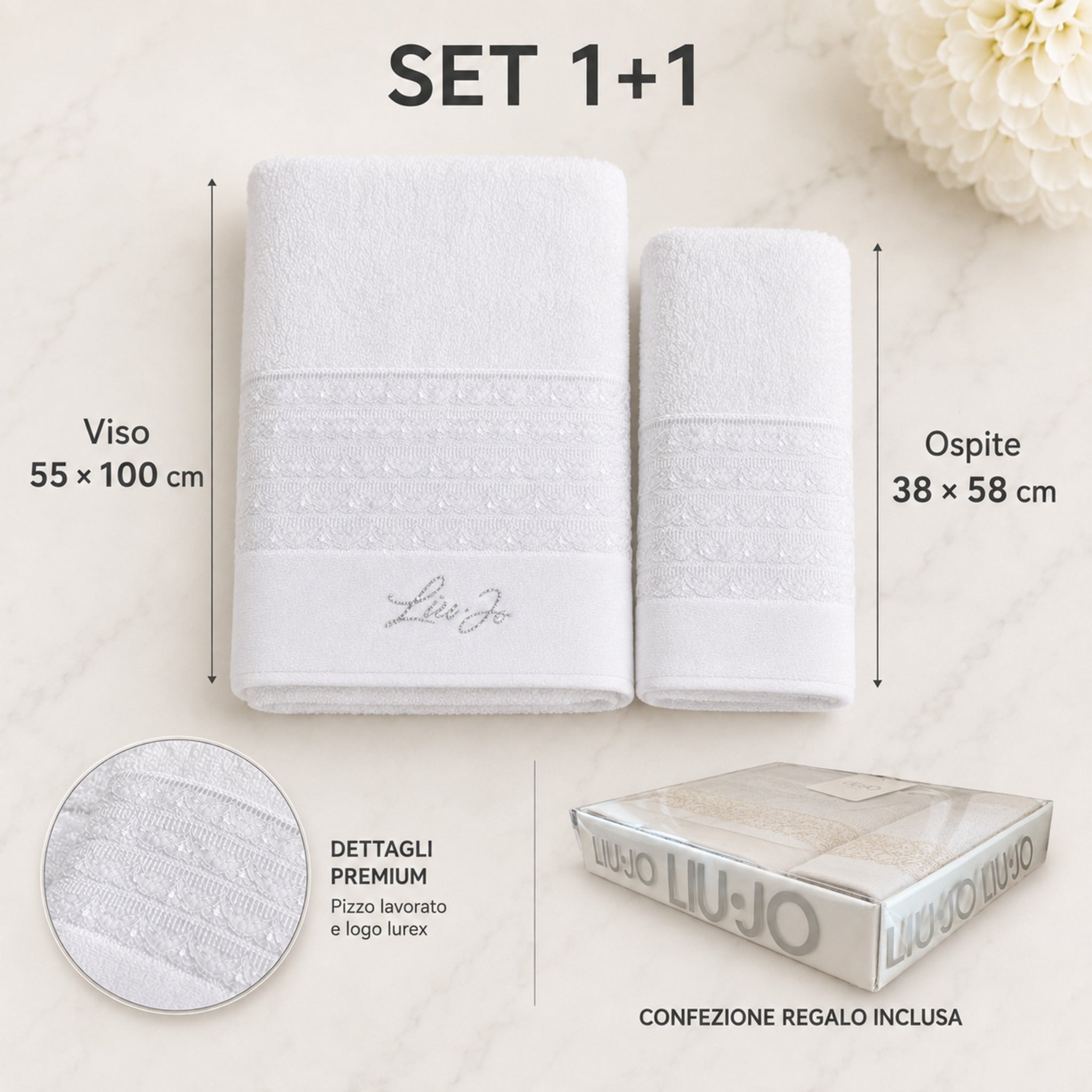 Set Liu Jo Paradiso Bianco con asciugamano viso 55 × 100 cm, ospite 38 × 58 cm e scatola regalo