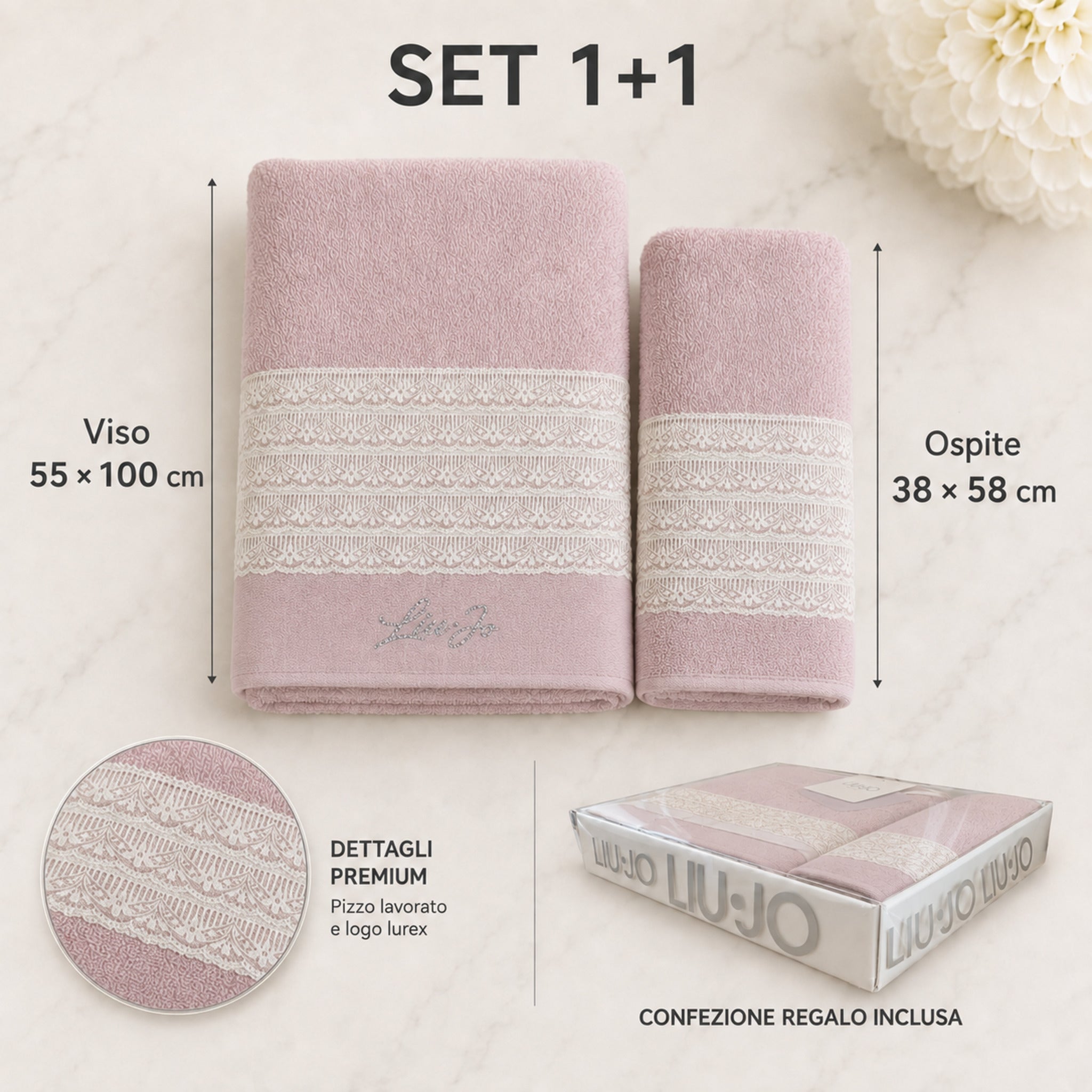 Set Liu Jo Paradiso Rosy con asciugamano viso 55 × 100 cm, ospite 38 × 58 cm e scatola regalo