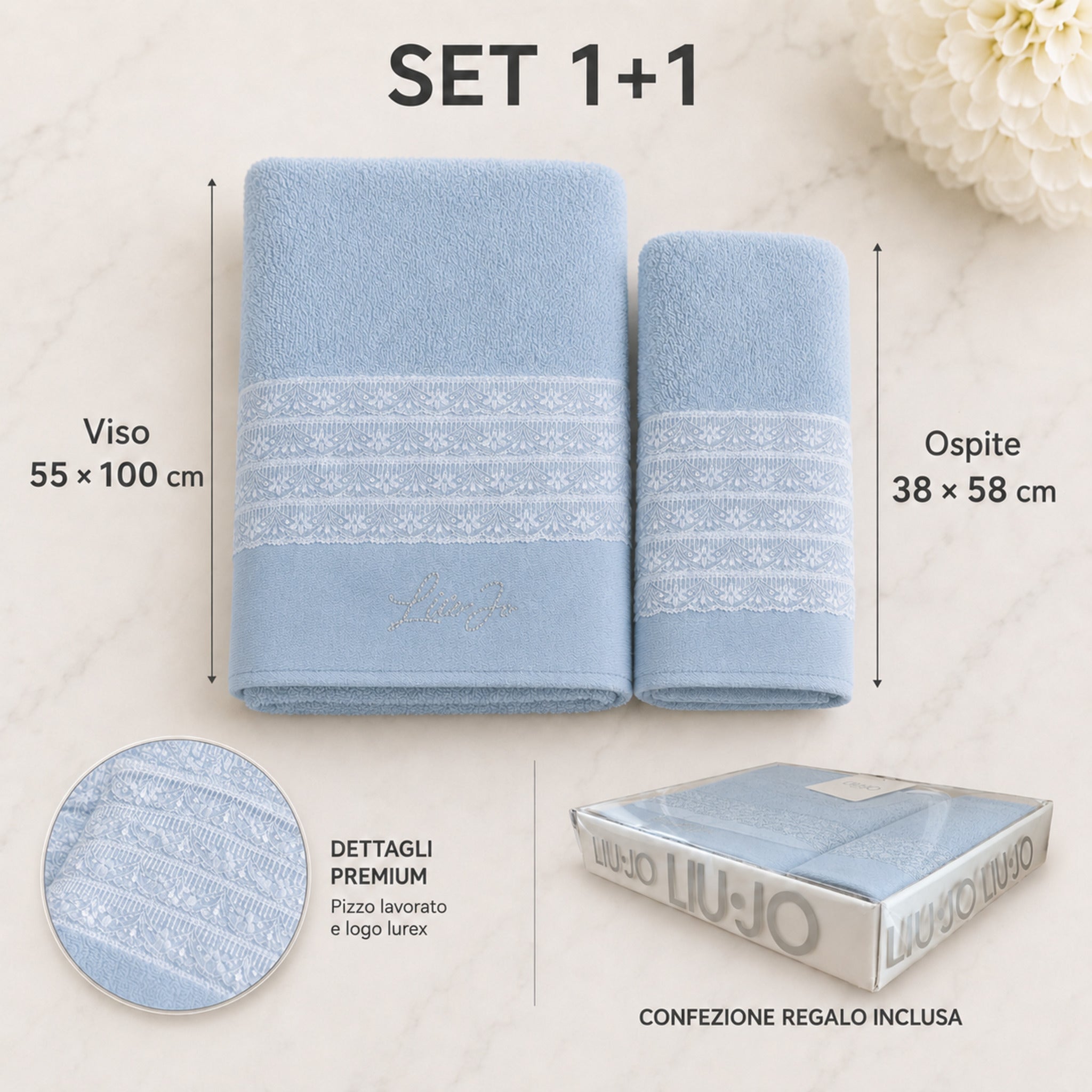 Set Liu Jo Paradiso Zucchero con asciugamano viso 55 × 100 cm, ospite 38 × 58 cm e scatola regalo