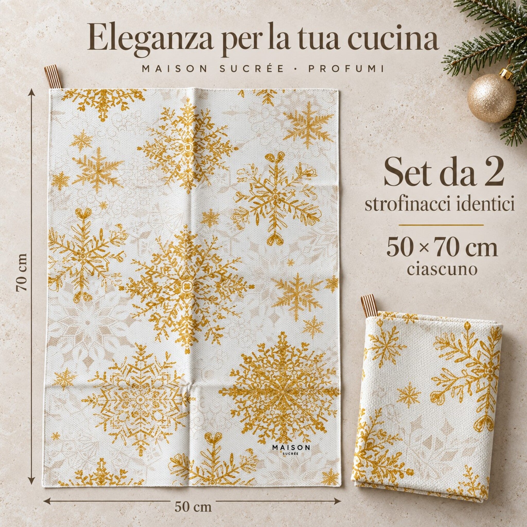 Set di due strofinacci natalizi Profumi identici, uno disteso e uno piegato, con indicazione delle misure 50x70 cm ciascuno.