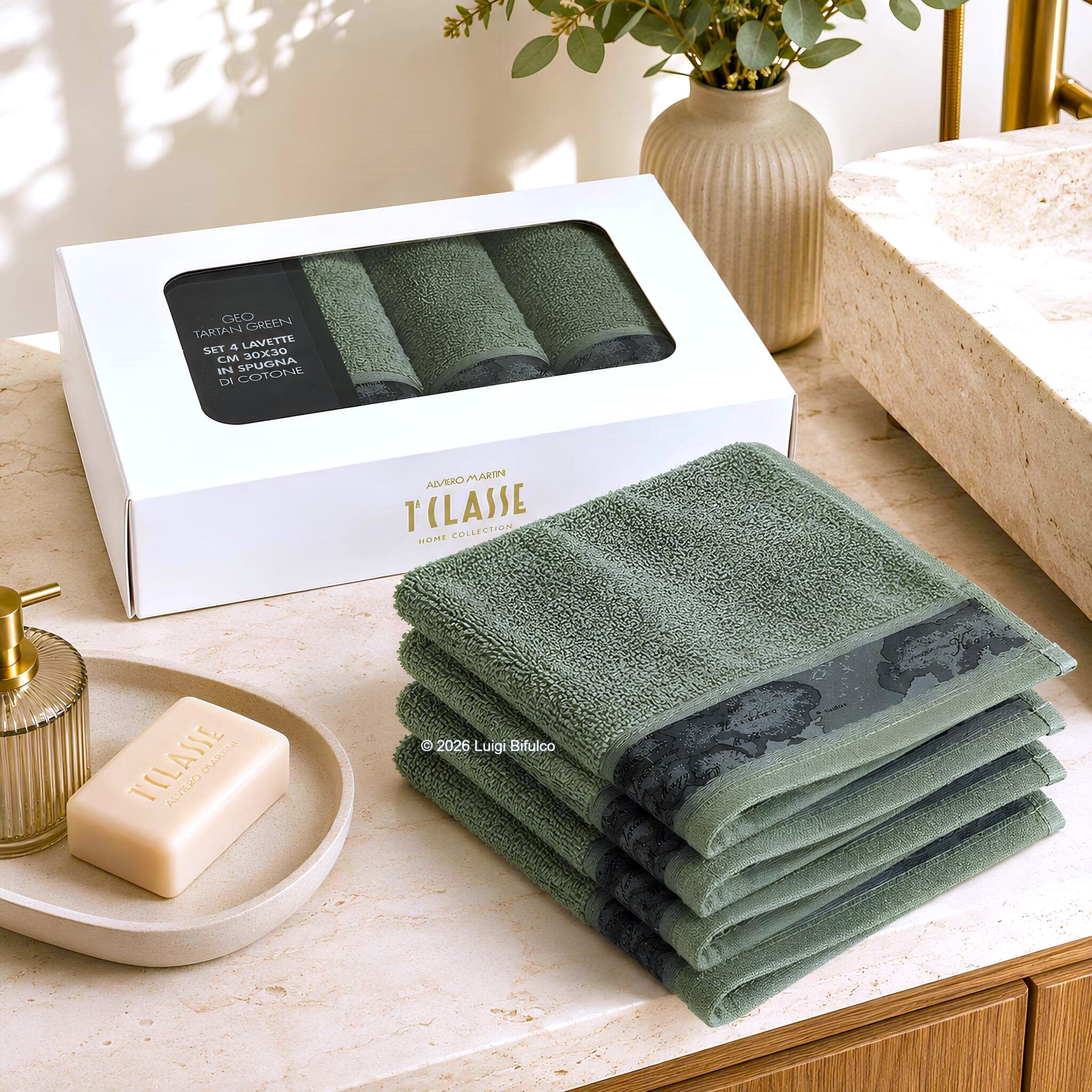 Set di 4 lavette Caleffi Geo Tartan Green in puro cotone 30x30 cm con confezione regalo logata