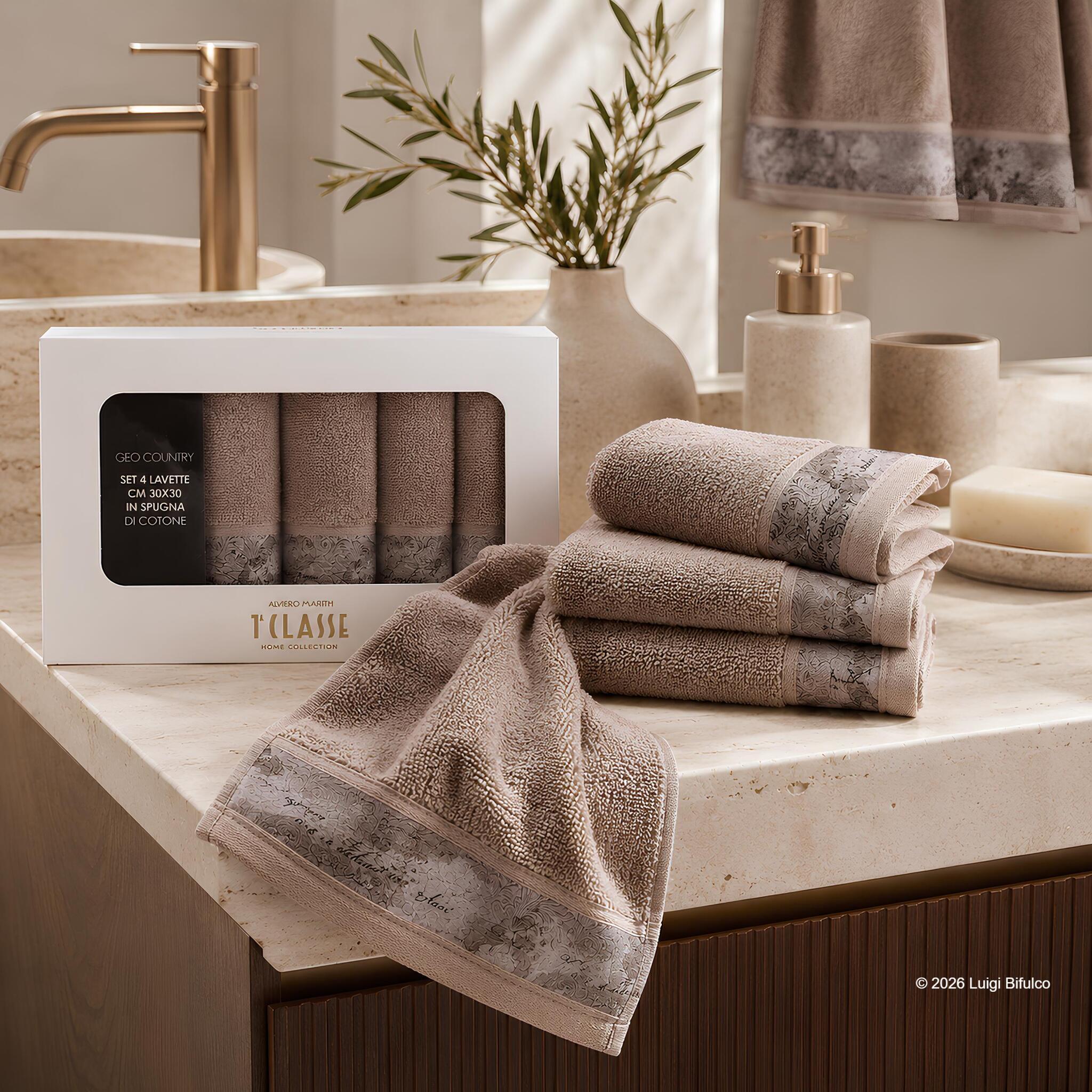 Set di 4 lavette Alviero Martini Prima Classe Geo Country Tortora in spugna di puro cotone 30x30 cm