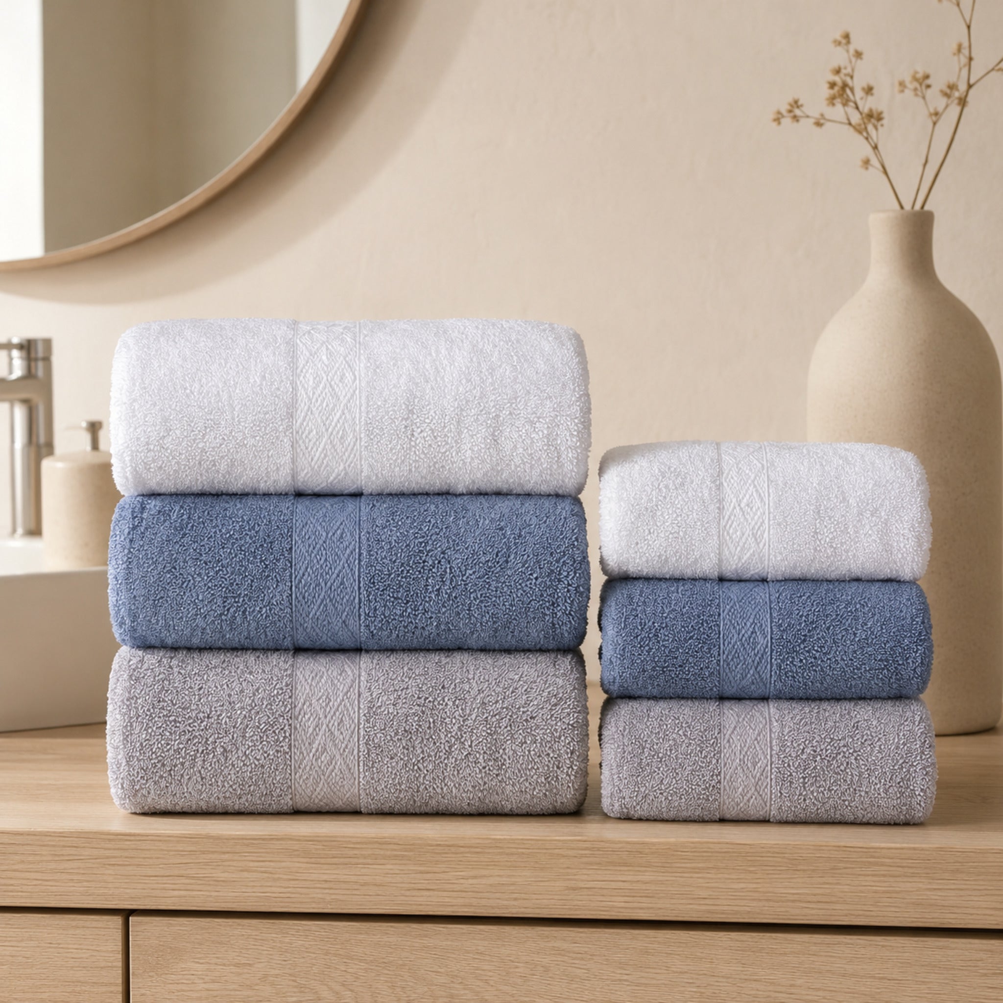 Set 6 asciugamani Rebecca Home Treccia in cotone nei colori bianco, indigo e grigio ambientati in bagno
