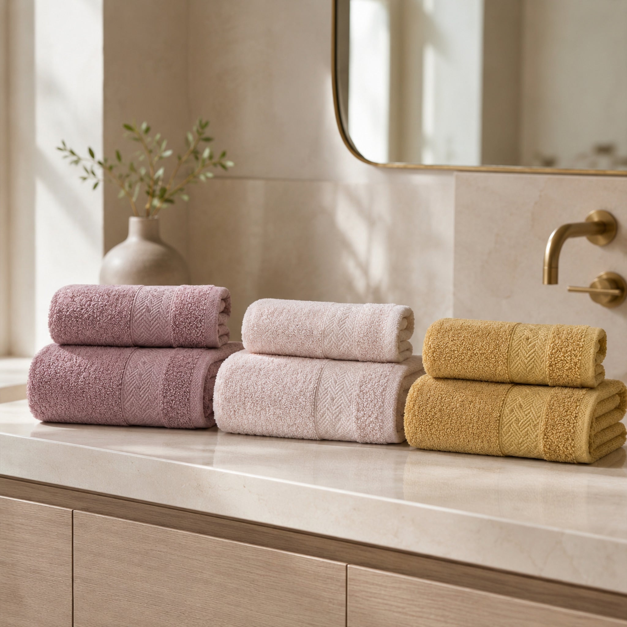 Set 6 asciugamani Rebecca Home Treccia in cotone nei colori rosa antico, cipria e giallo ambientati in bagno