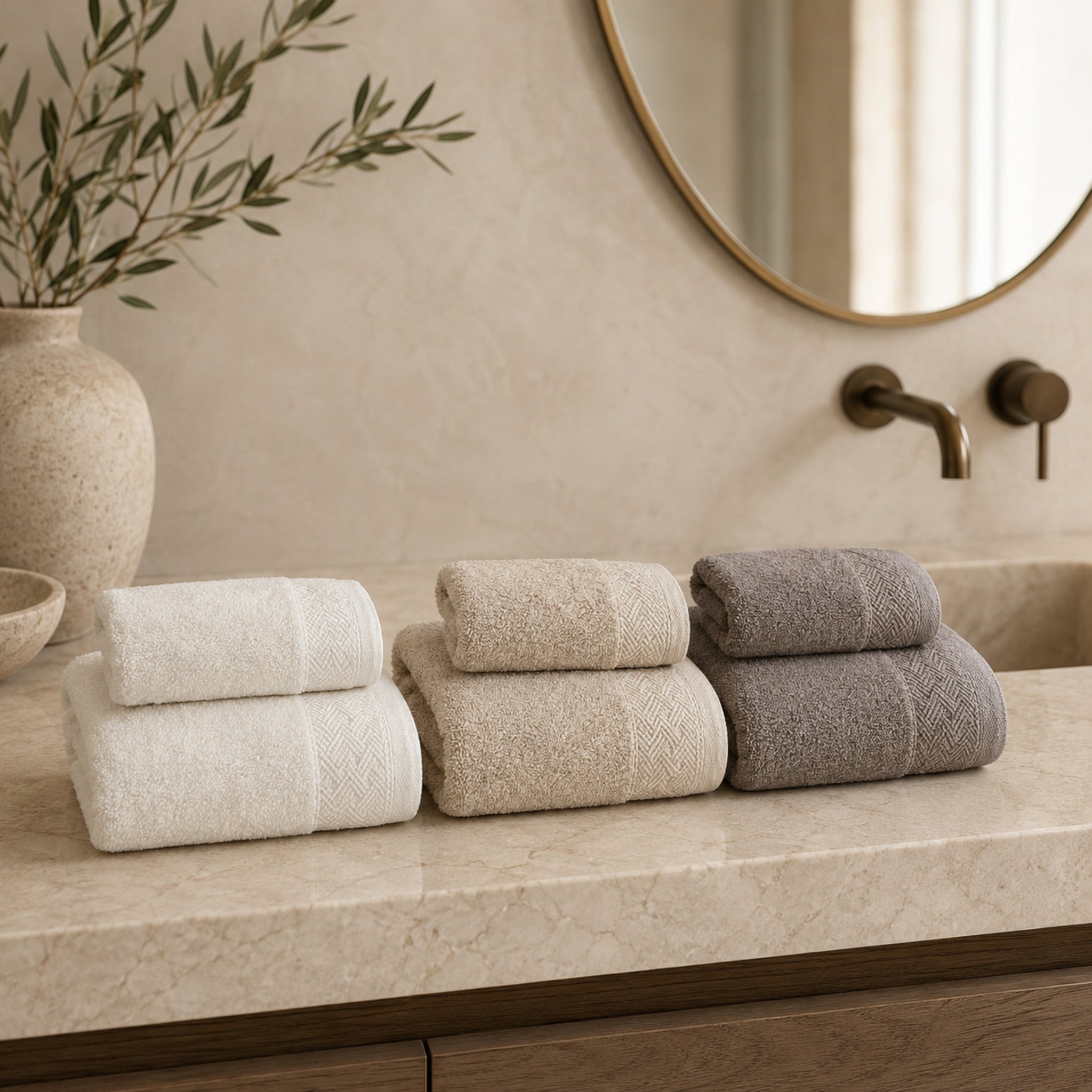 Set 6 asciugamani Rebecca Home Treccia in cotone nei colori panna, sabbia e tortora ambientati in bagno