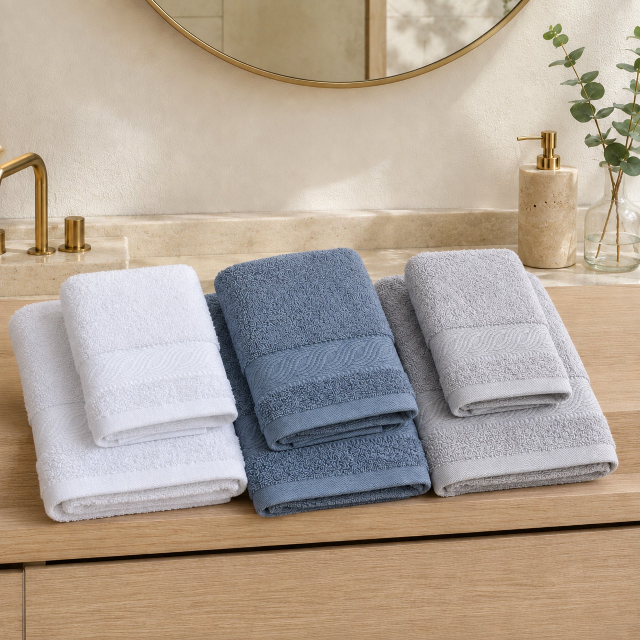 Set 6 asciugamani Rebecca Home Onda in cotone bianco, indigo e grigio