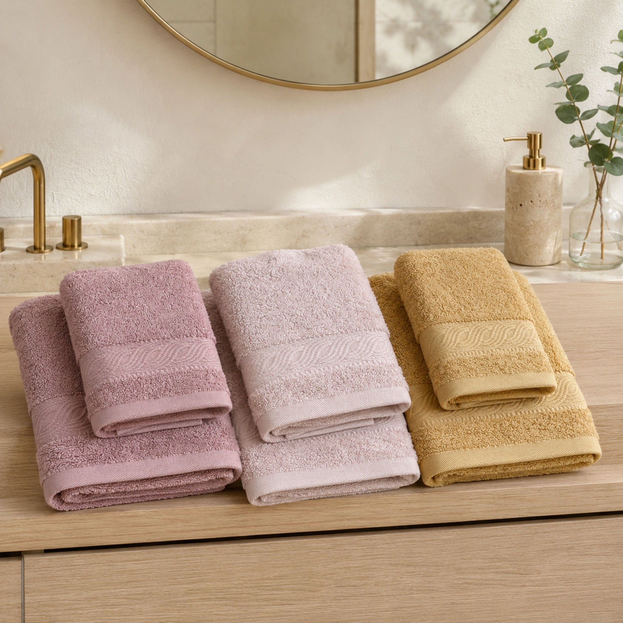 Set 6 asciugamani Rebecca Home Onda in cotone nei colori rosa antico, cipria e giallo