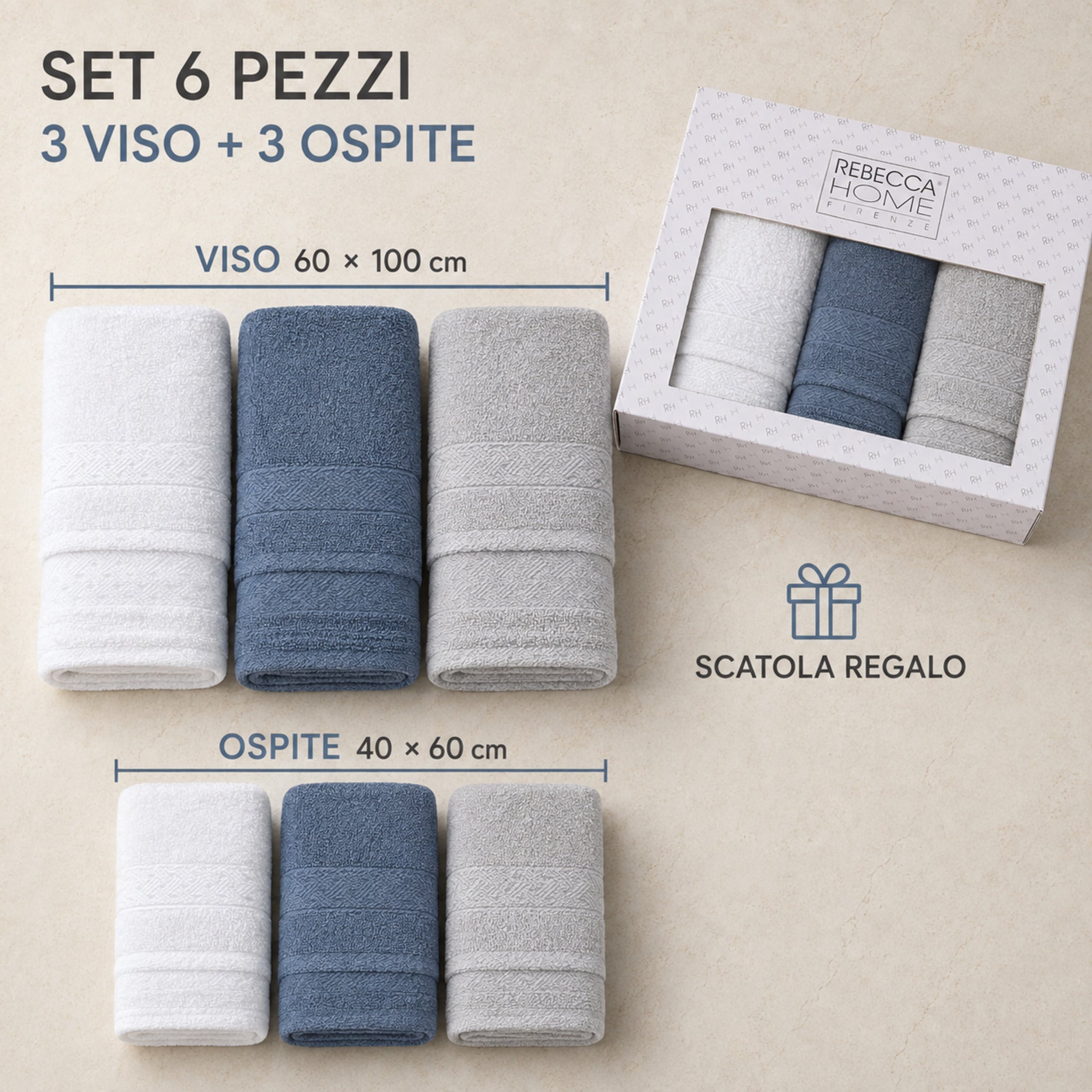 Set 6 pezzi bianco, indigo e grigio con 3 asciugamani viso, 3 ospite, misure e scatola regalo