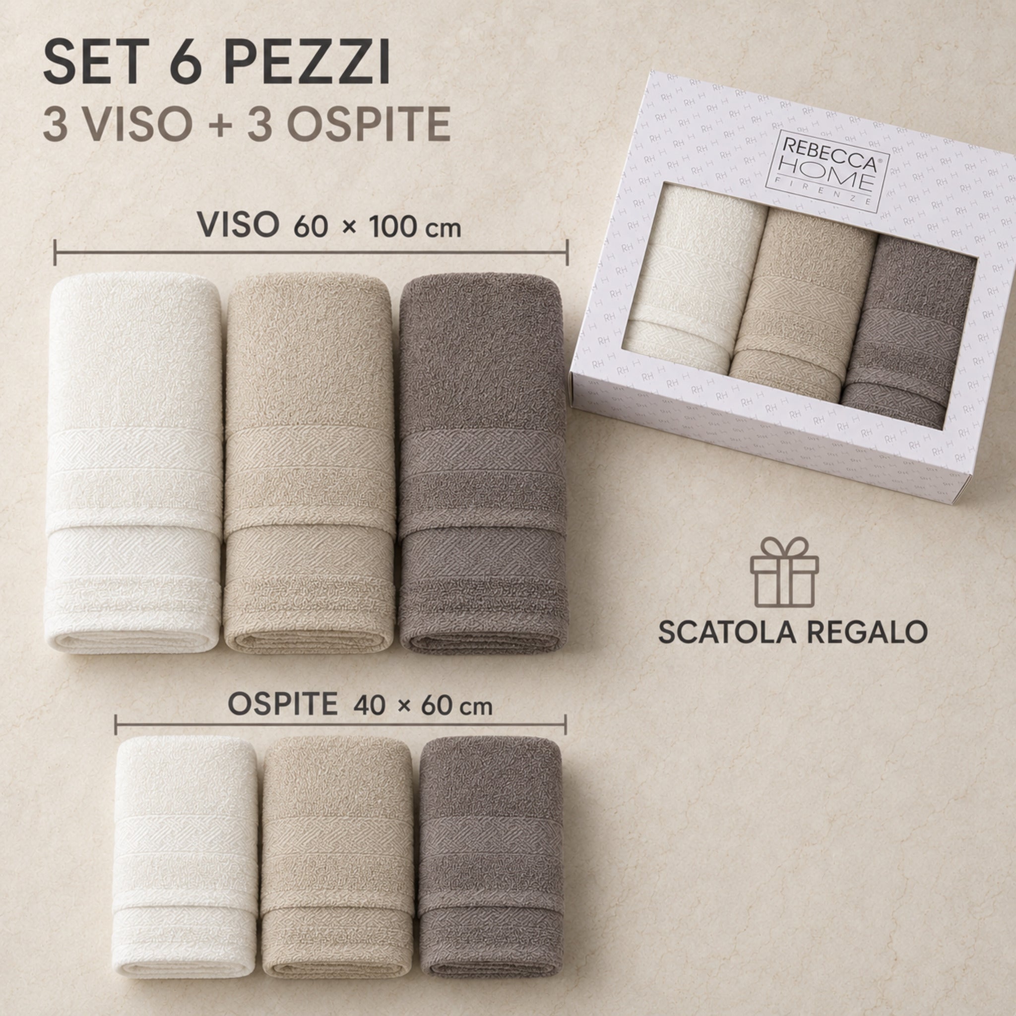 Set 6 pezzi panna, sabbia e tortora con 3 asciugamani viso, 3 ospite, misure e scatola regalo