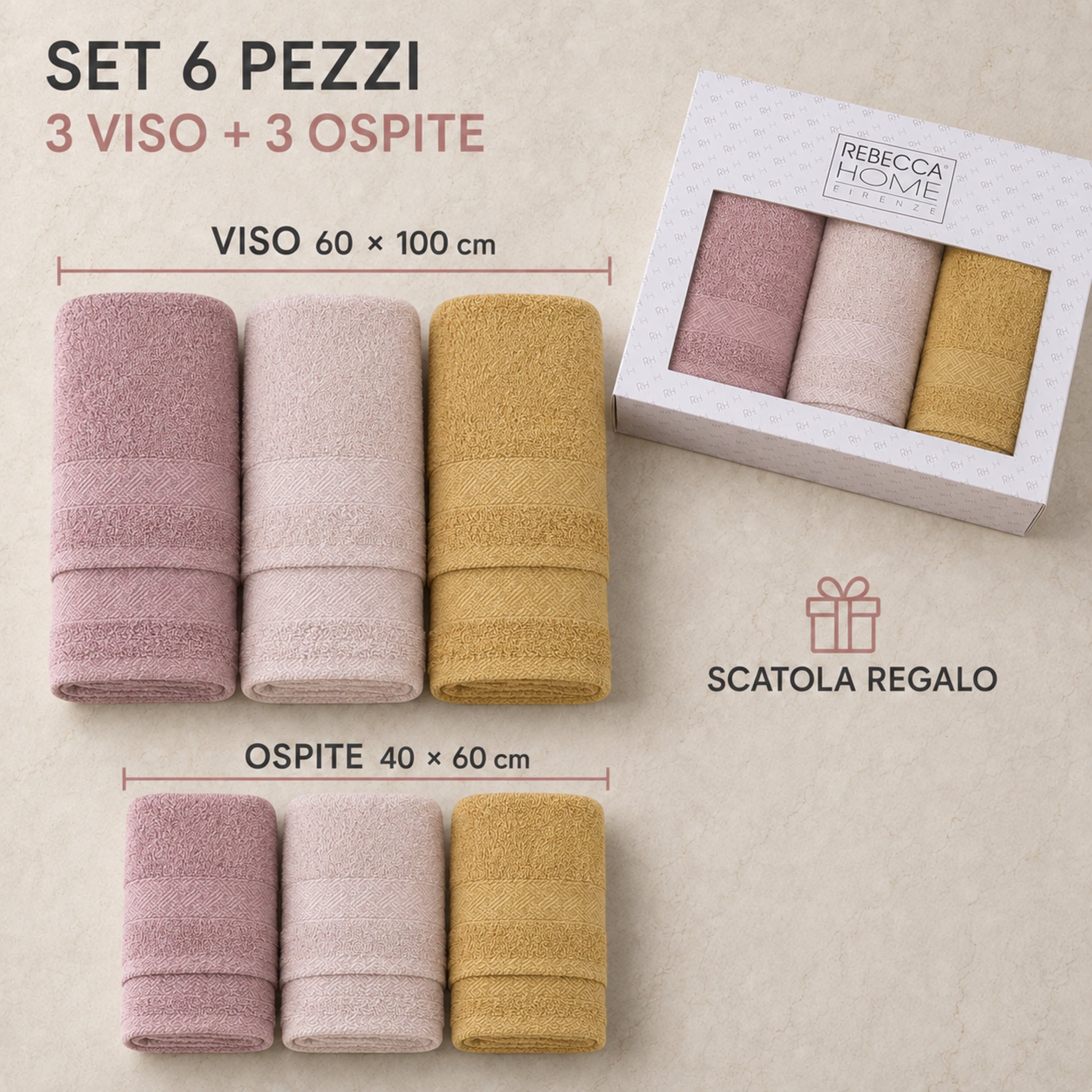 Set 6 pezzi rosa antico, cipria e giallo con 3 asciugamani viso, 3 ospite, misure e scatola regalo