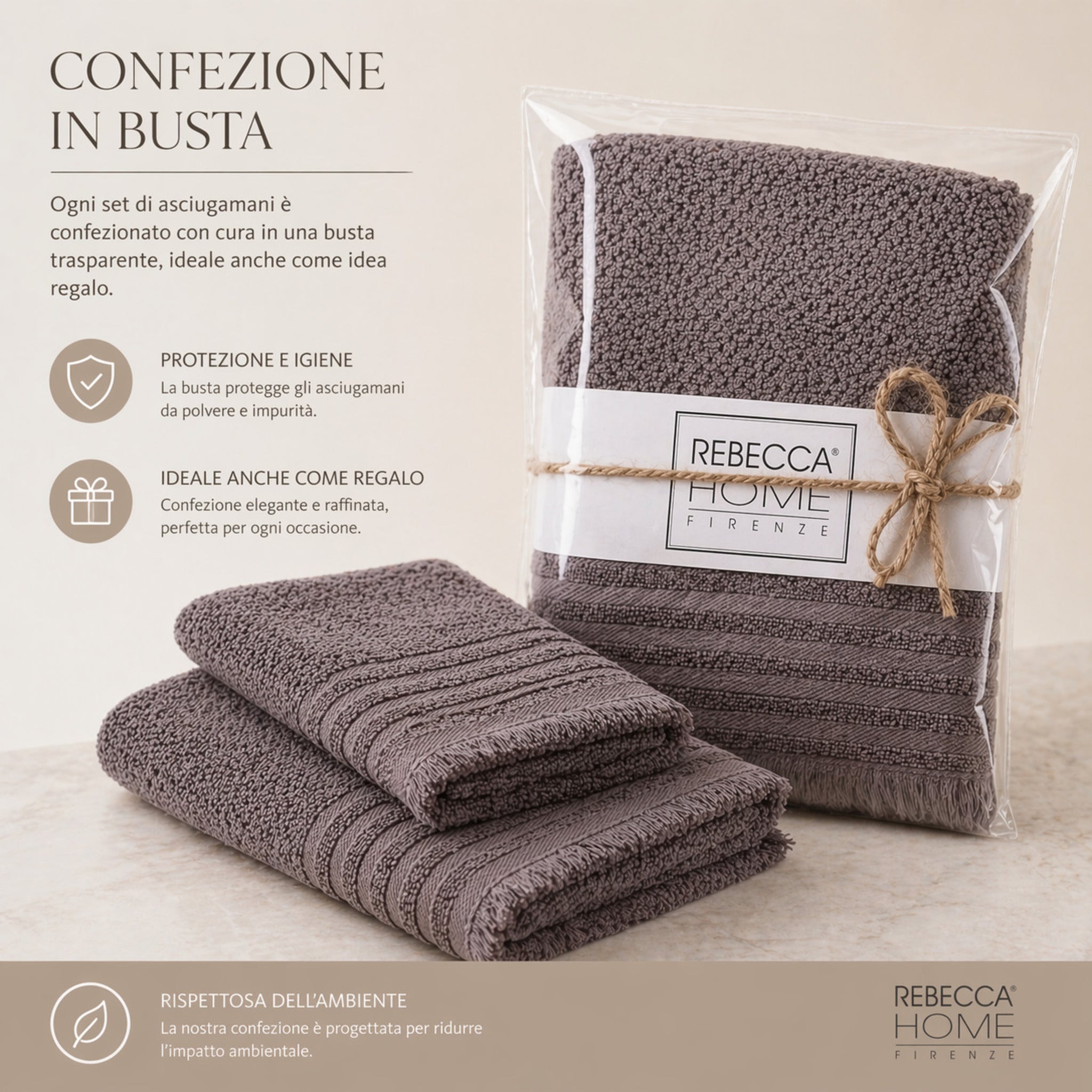 set asciugamani confezione busta juta regalo elegante