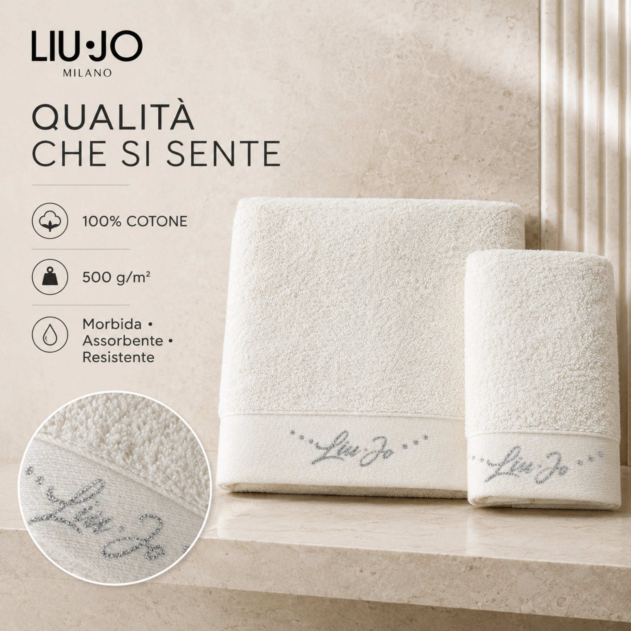 Set asciugamani Liu Jo Happy avorio in cotone 500 g/m², morbido, assorbente e resistente