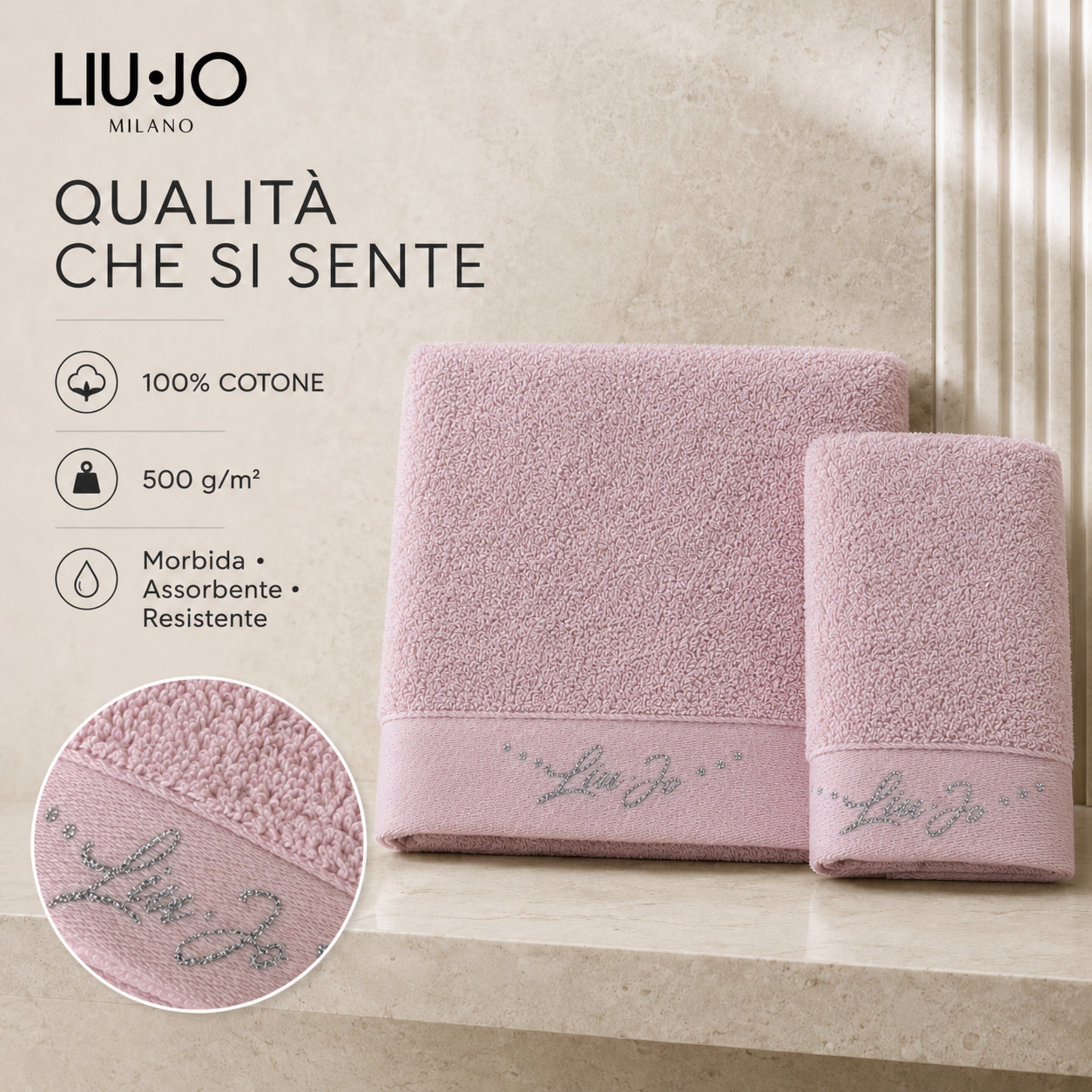 Set asciugamani Liu Jo Happy rosa in cotone 500 g/m², morbido, assorbente e resistente