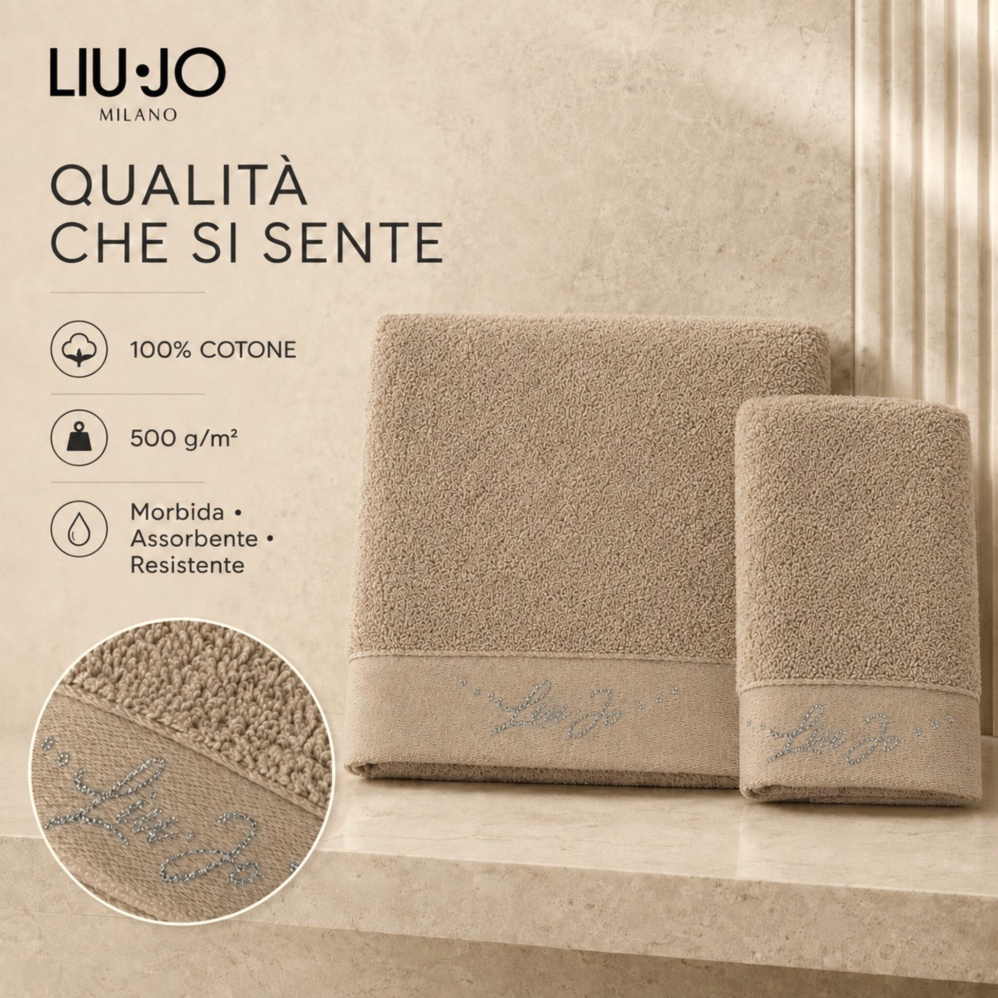 Set asciugamani Liu Jo Happy sabbia in cotone 500 g/m², morbido, assorbente e resistente