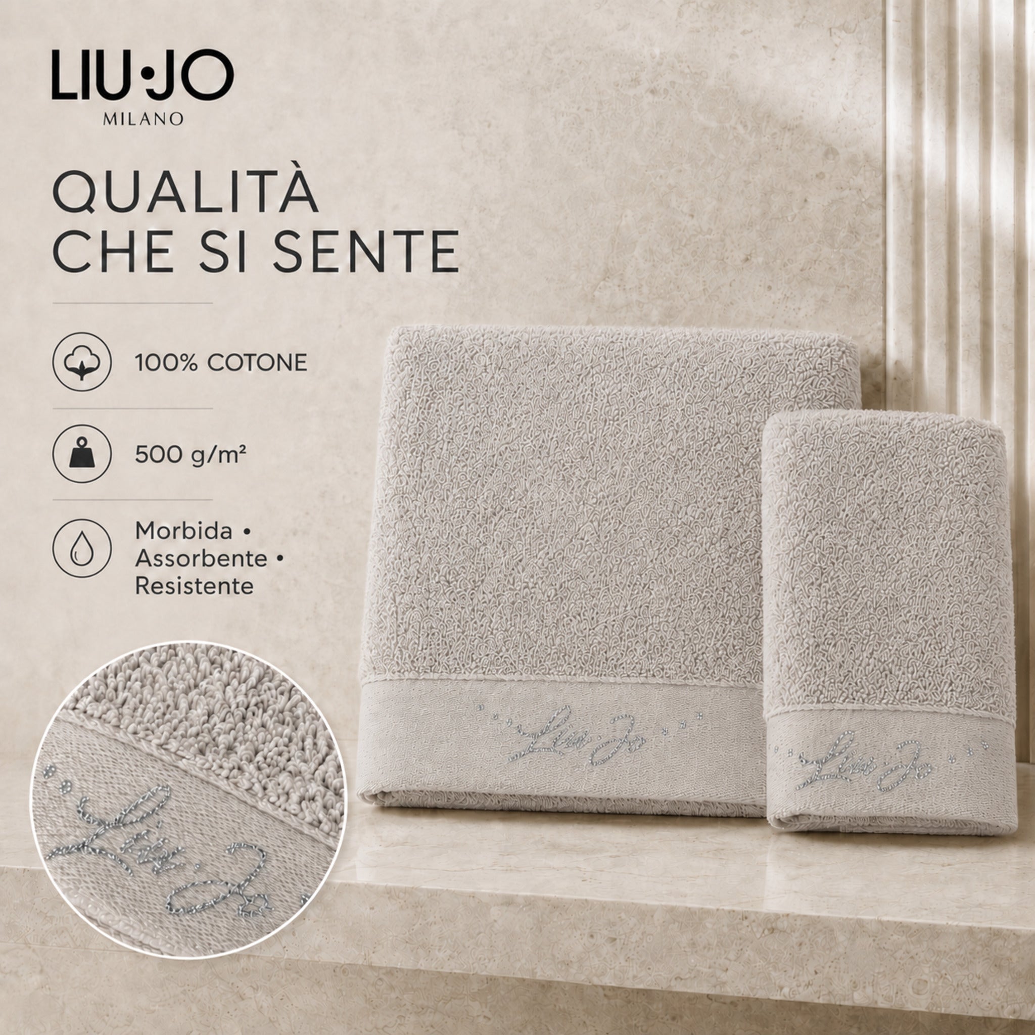Set asciugamani Liu Jo Happy tortora in cotone 500 g/m², morbido, assorbente e resistente