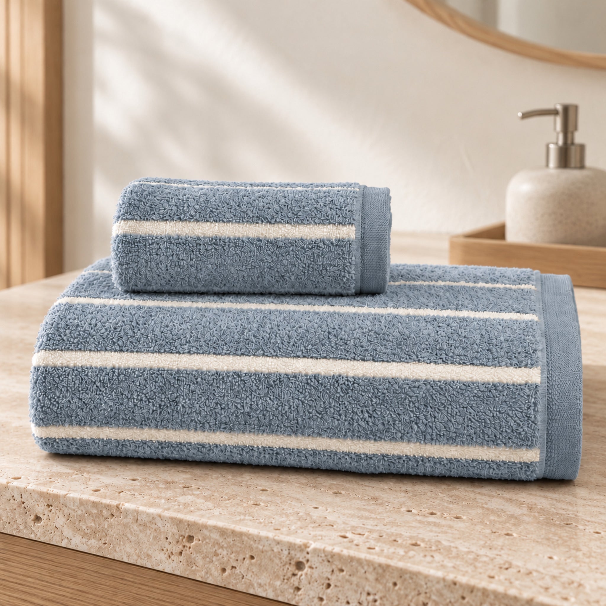 Set asciugamani viso e ospite Galizzi Saint Louis Dusty Blue con righe chiare, ripiegati sul piano del bagno.