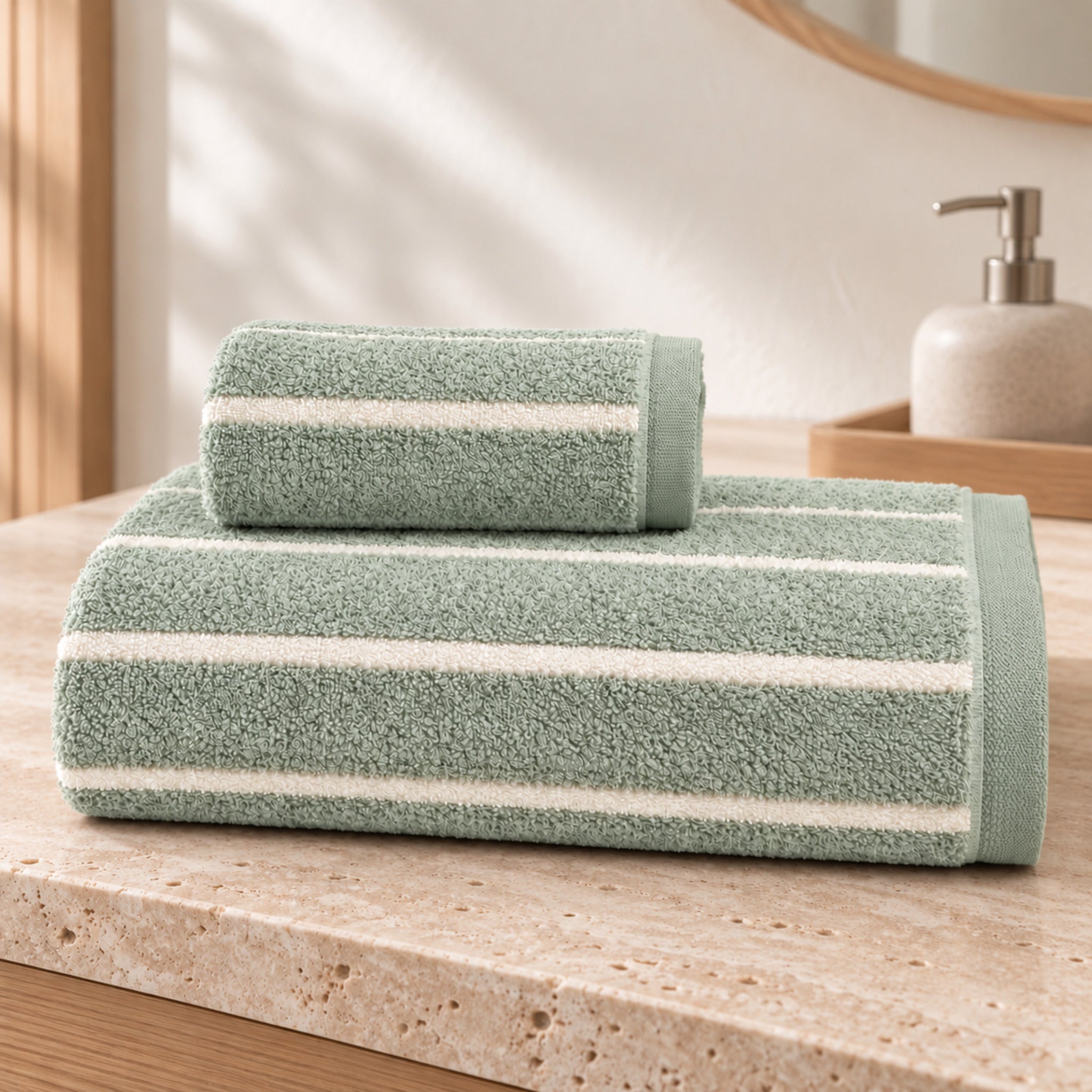 Set viso e ospite Galizzi Saint Louis Smoke Green con righe chiare, ripiegato su un piano in pietra chiara.