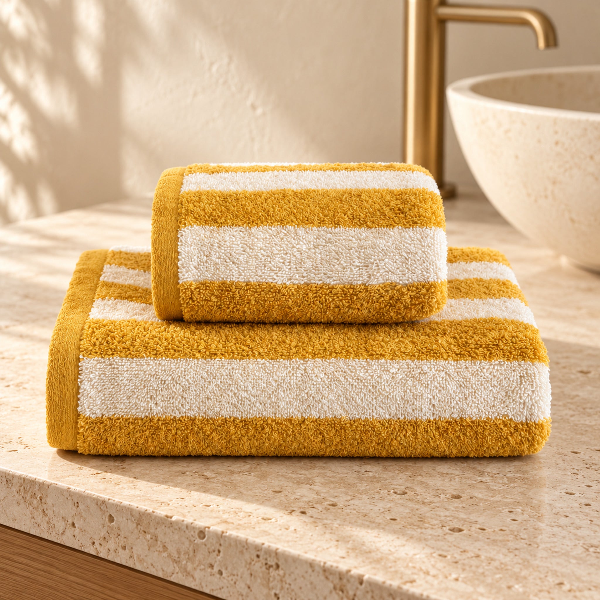 Asciugamani Galizzi Savannah Giallo scuro piegati accanto al lavabo, con righe ocra e fasce chiare.