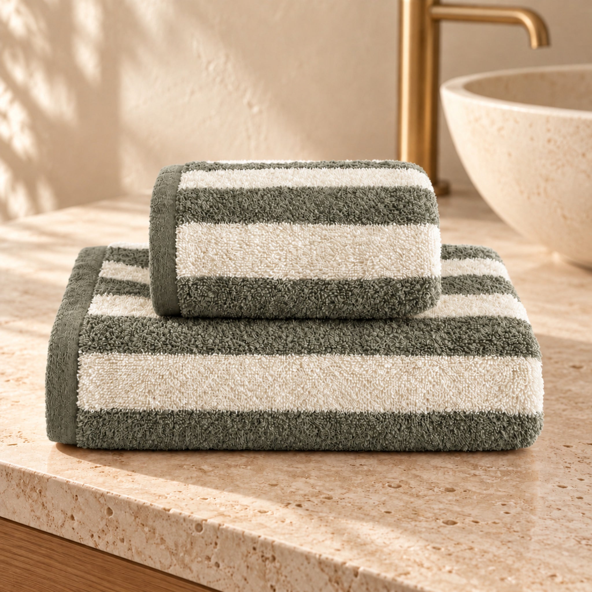 Set asciugamani Galizzi Savannah Salvia scuro piegati sul piano del bagno, con fasce verdi alternate a righe chiare.