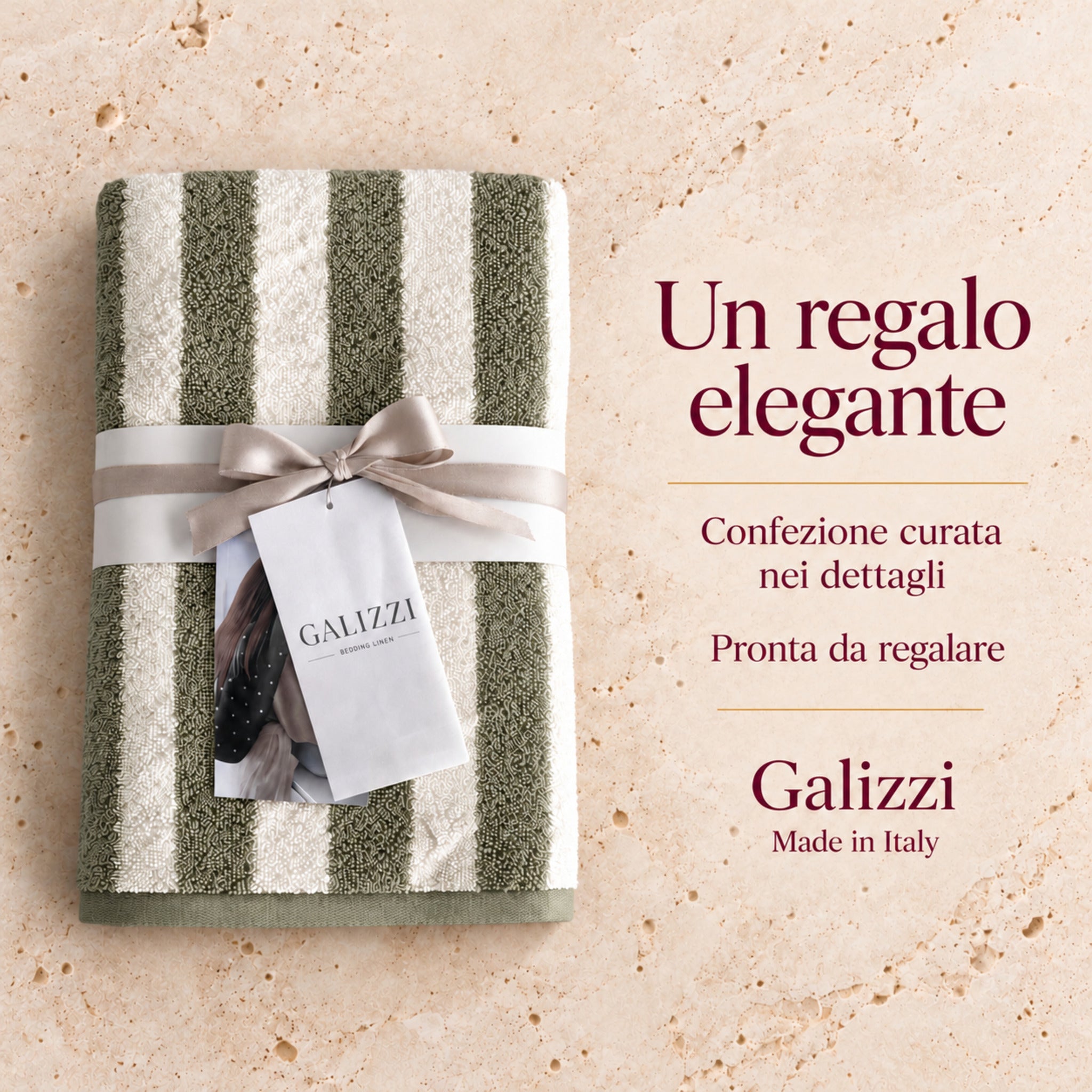Set Galizzi Savannah Salvia scuro presentato con fascia, fiocco e cartellino nella confezione regalo.