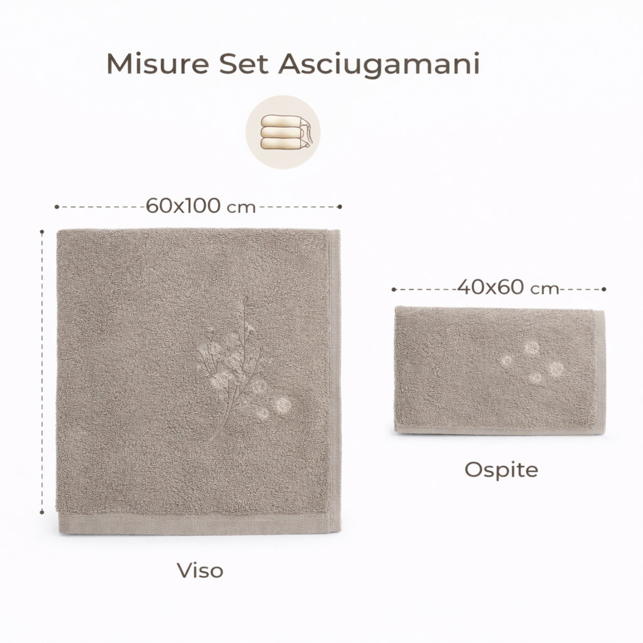 Dimensioni asciugamani viso 60x100 e ospite 40x60 tortora