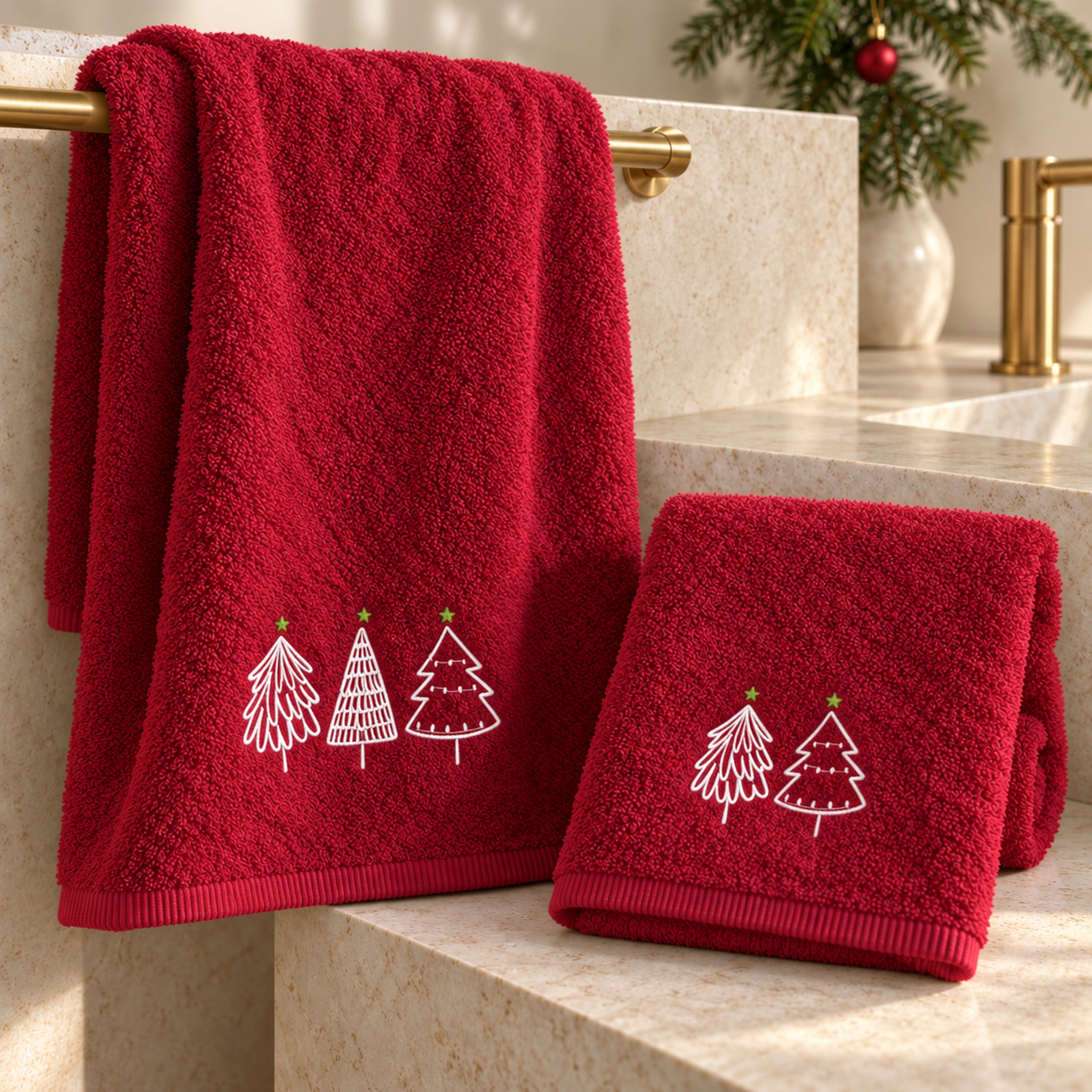 Set asciugamani Maison Sucrée rosso ambientato in bagno, con alberelli chiari ricamati e piccole stelle verdi.