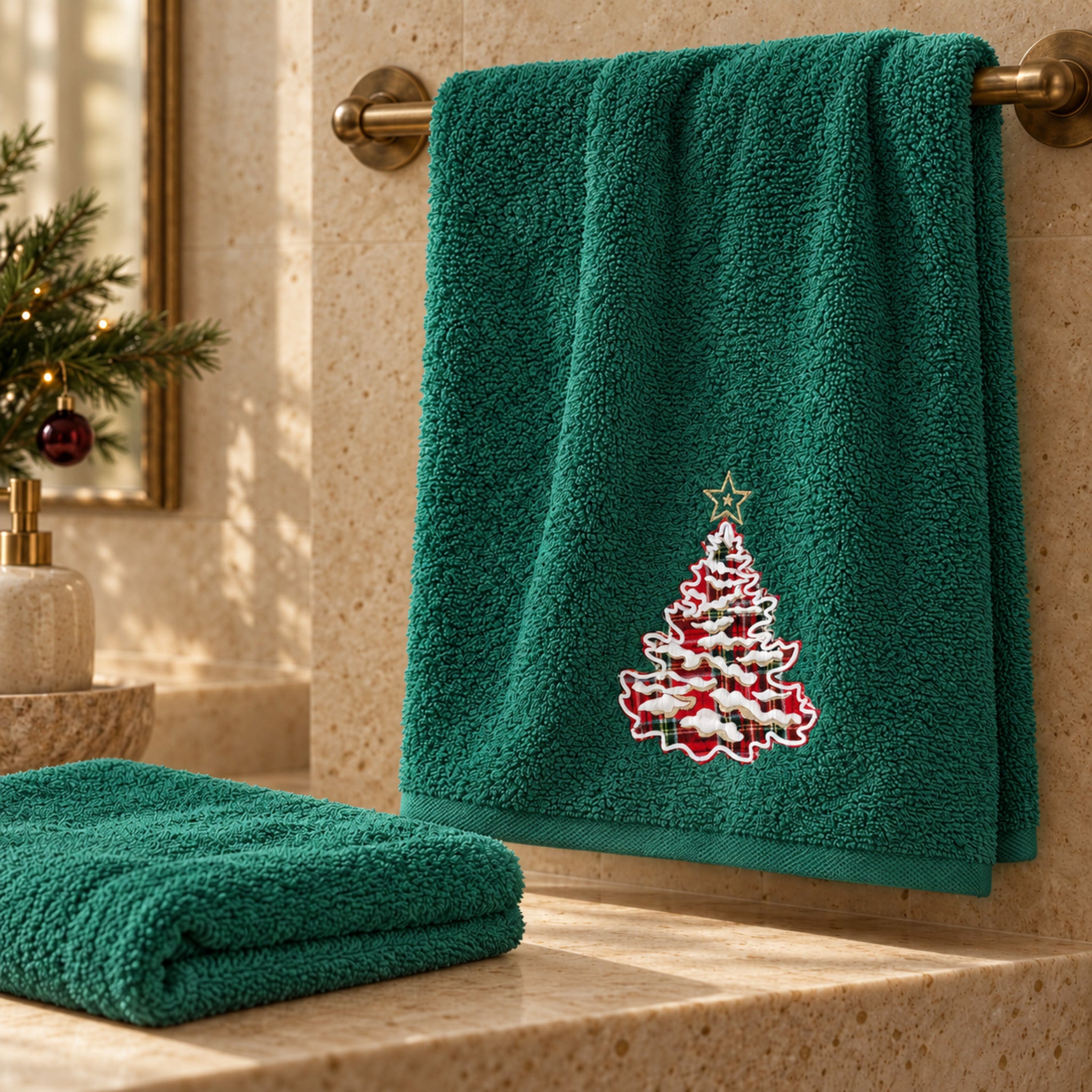 Primo piano della spugna verde Plume Snowtree con albero tartan, dettagli bianchi e indicazione della grammatura 480 GSM.