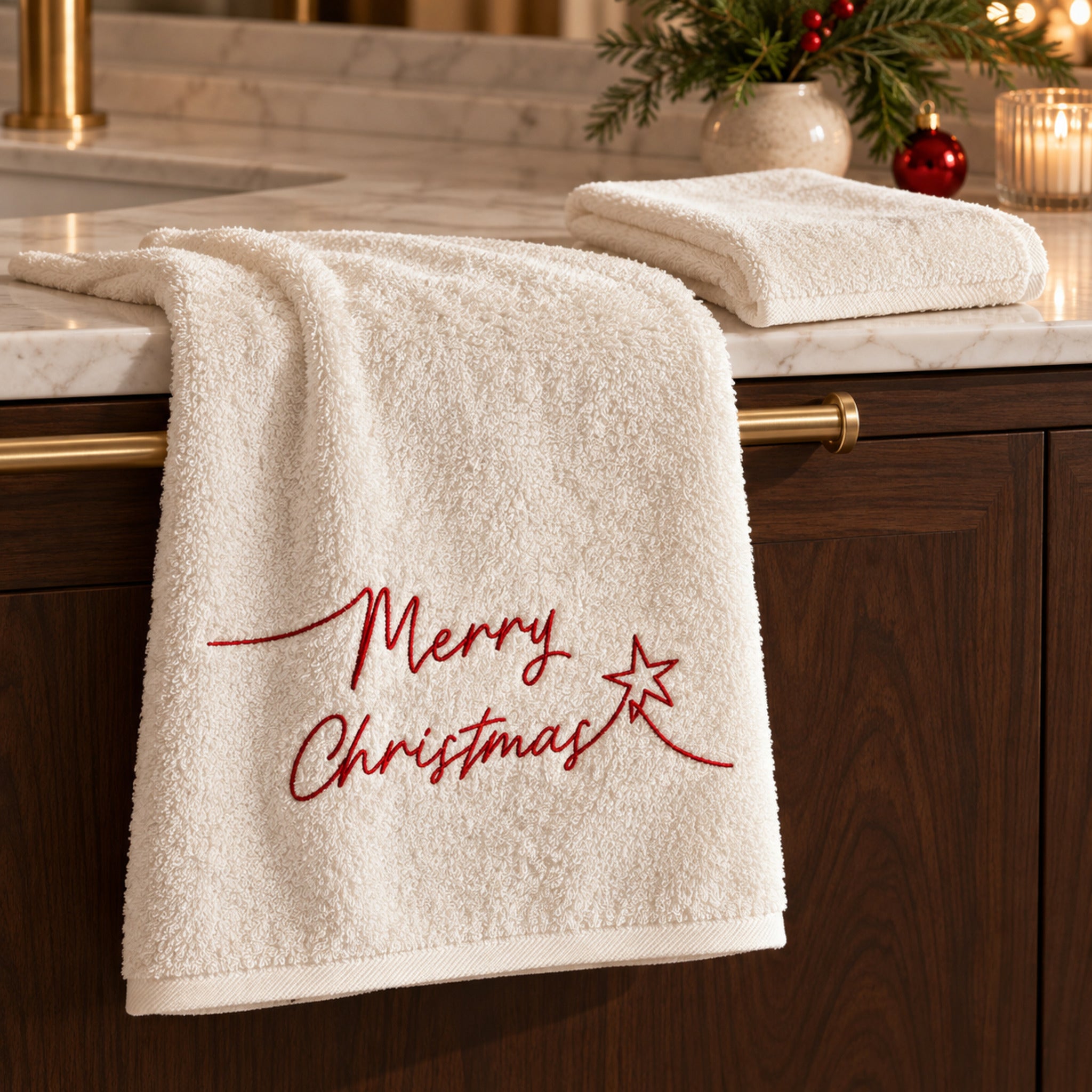 Set Plume Starlight Avorio in bagno, con asciugamano viso ricamato Merry Christmas in rosso e ospite unito ripiegato.