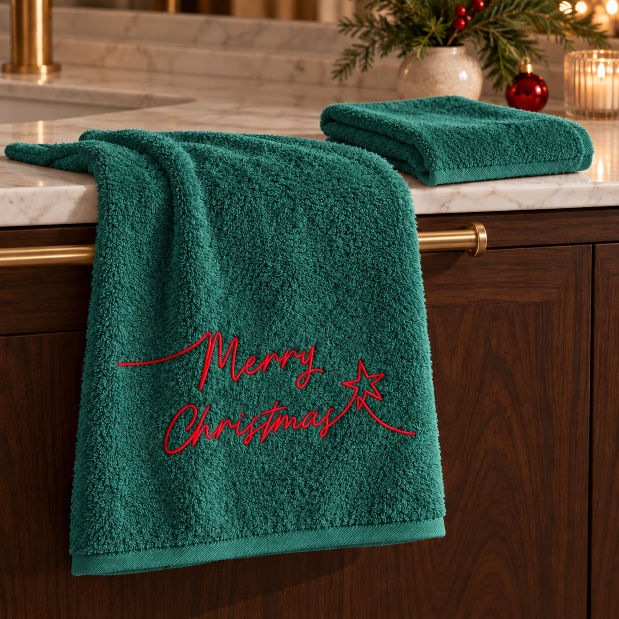 Set Plume Starlight Verde in bagno, con ricamo natalizio rosso sull’asciugamano viso e ospite verde ripiegato.