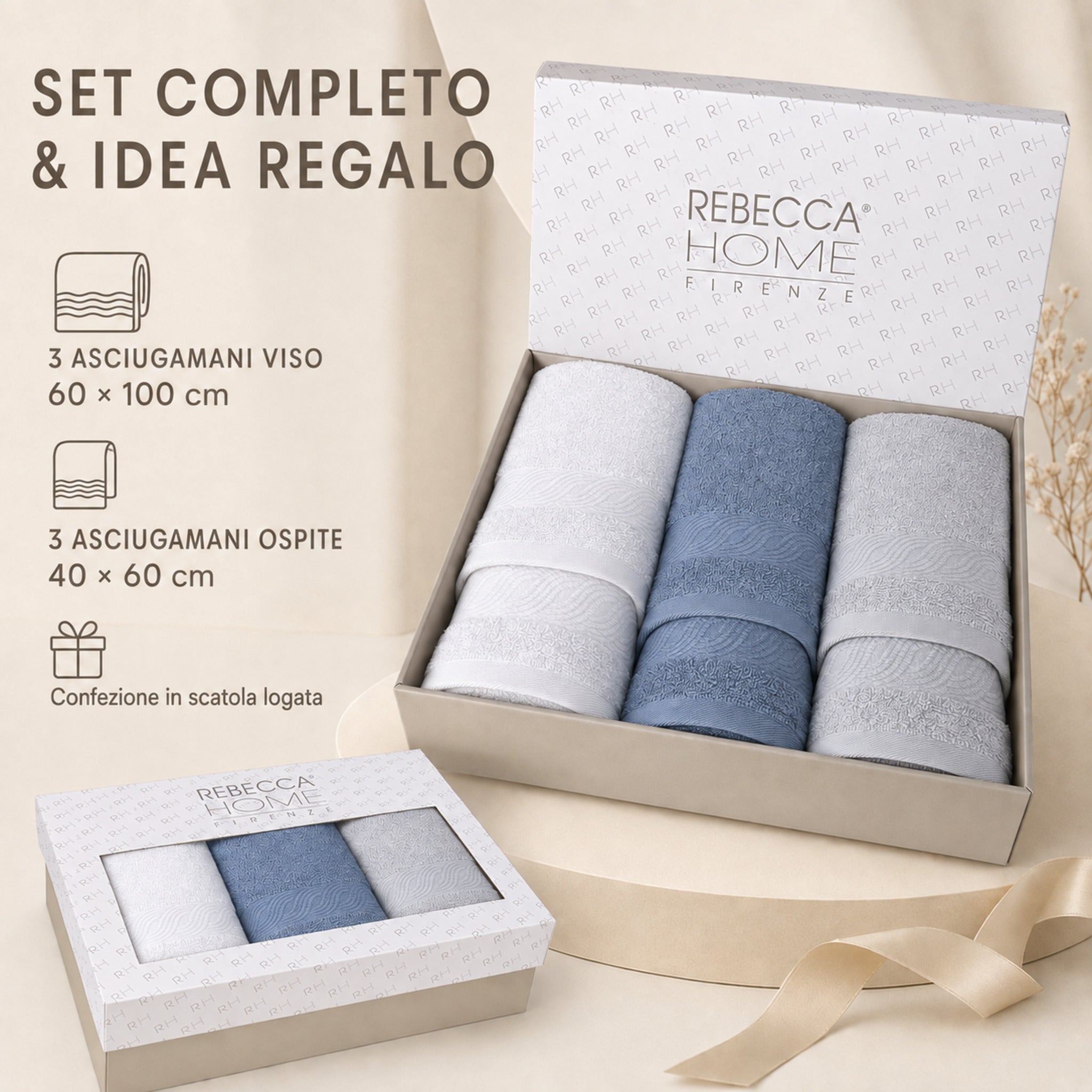 Scatola regalo Rebecca Home Onda con 3 asciugamani viso e 3 ospite