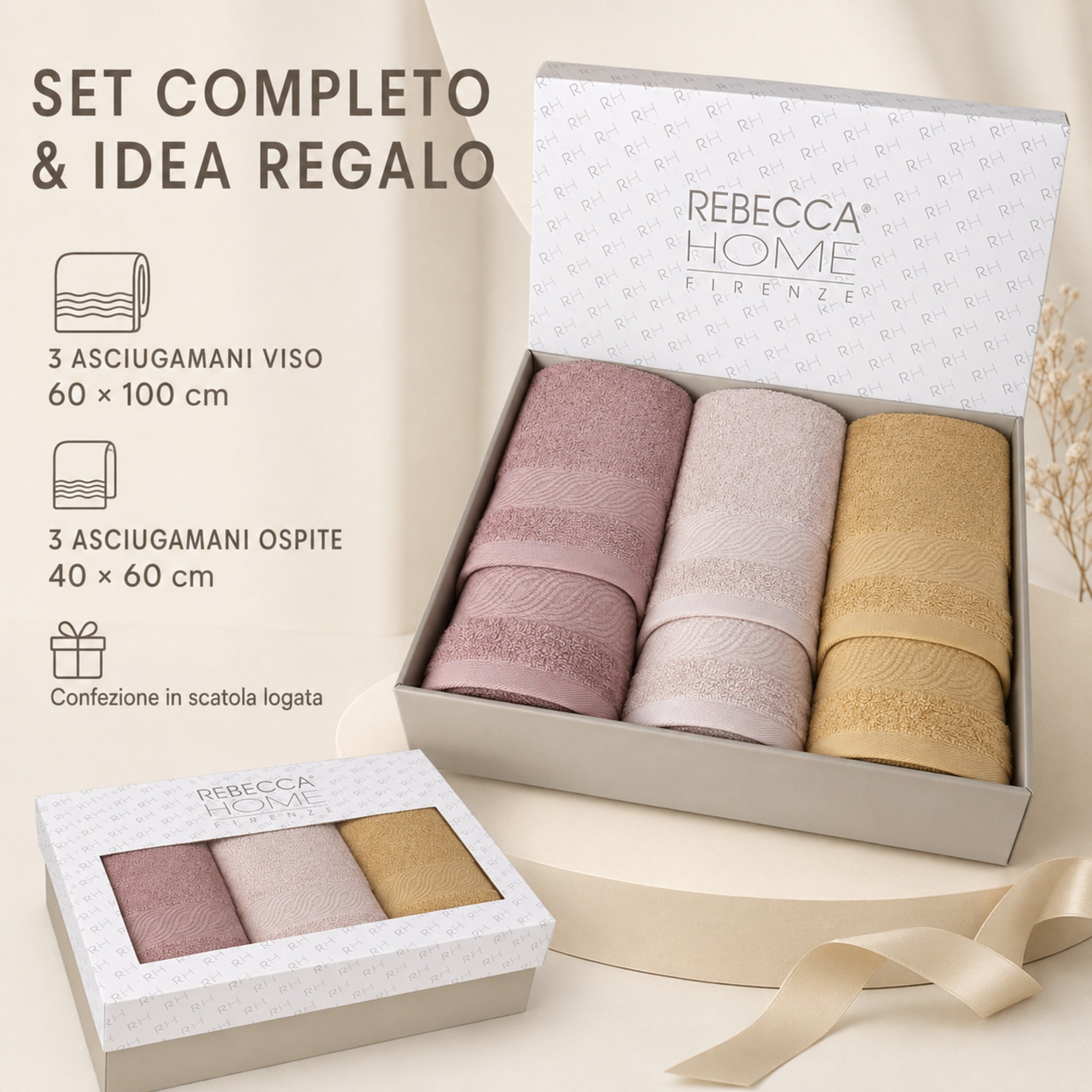 Confezione regalo Rebecca Home con 3 asciugamani viso e 3 ospite nei colori caldi