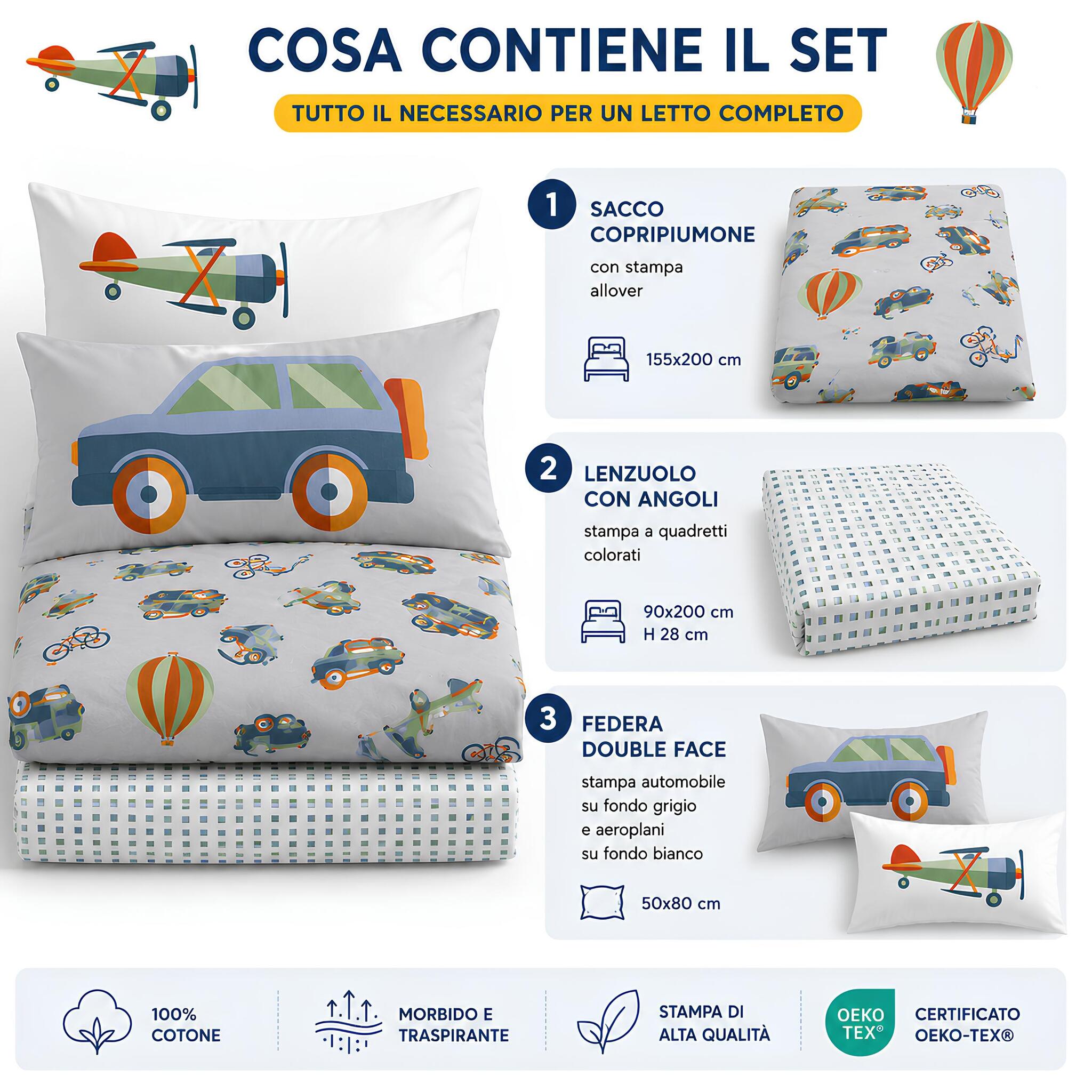 Set completo copripiumino singolo Caleffi Toys con sacco copripiumino lenzuolo con angoli e federa double face grigio