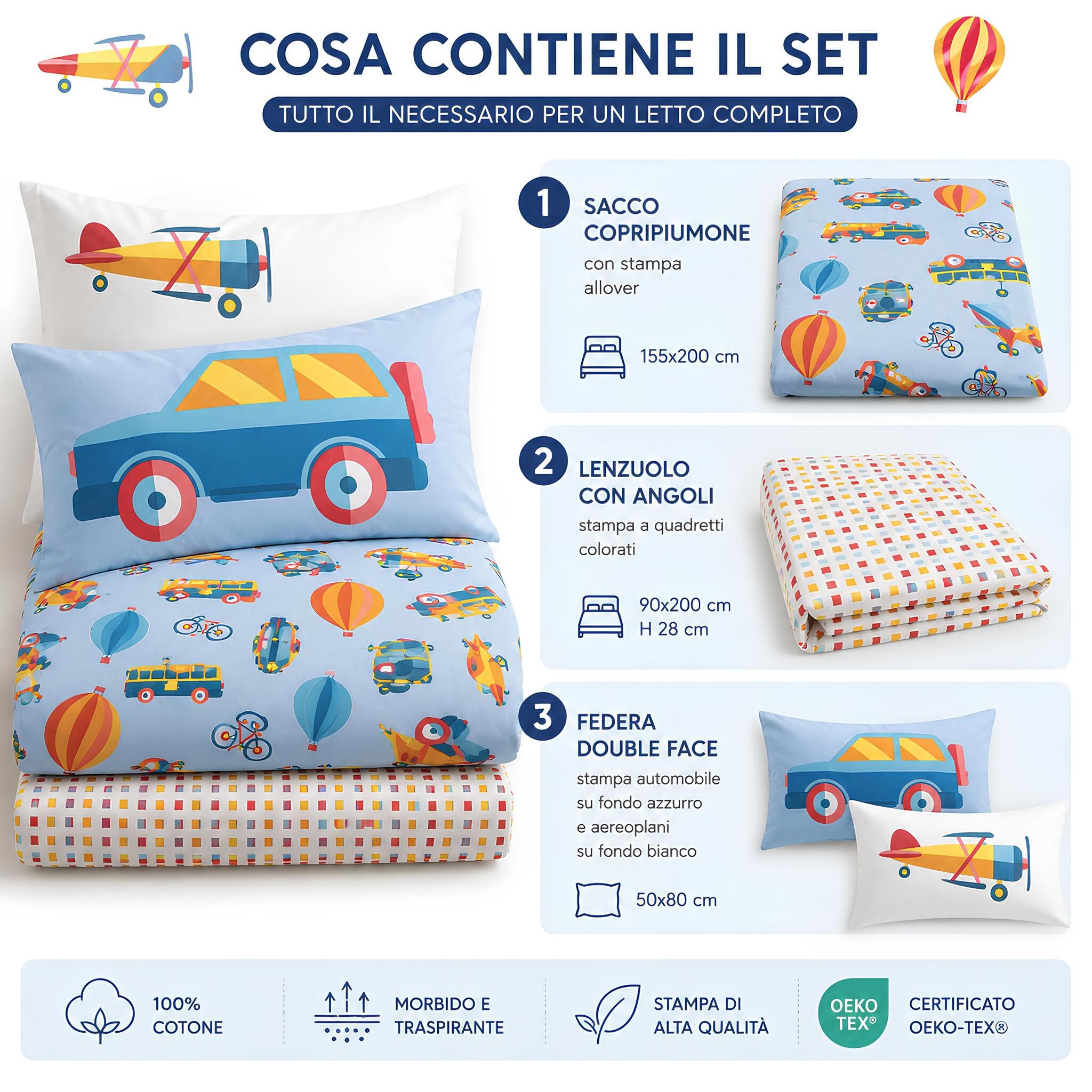 Set completo copripiumino singolo Caleffi Toys con sacco copripiumino lenzuolo con angoli e federa double face