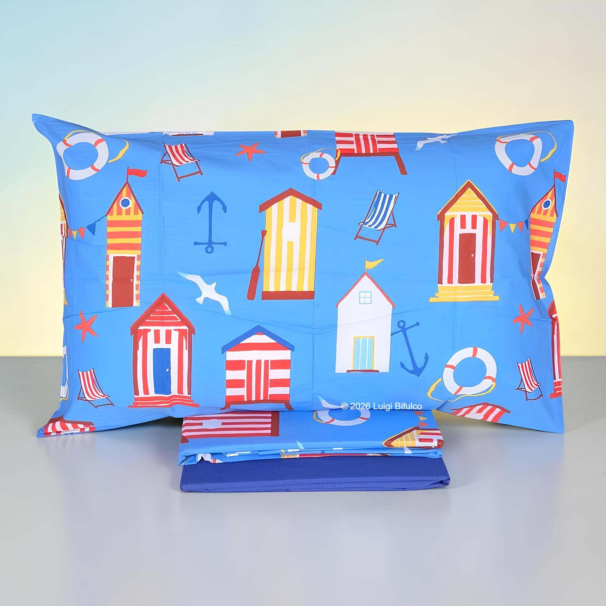 Set completo lenzuola Bassetti Cabana blu con federa e lenzuolo inferiore in tinta unita