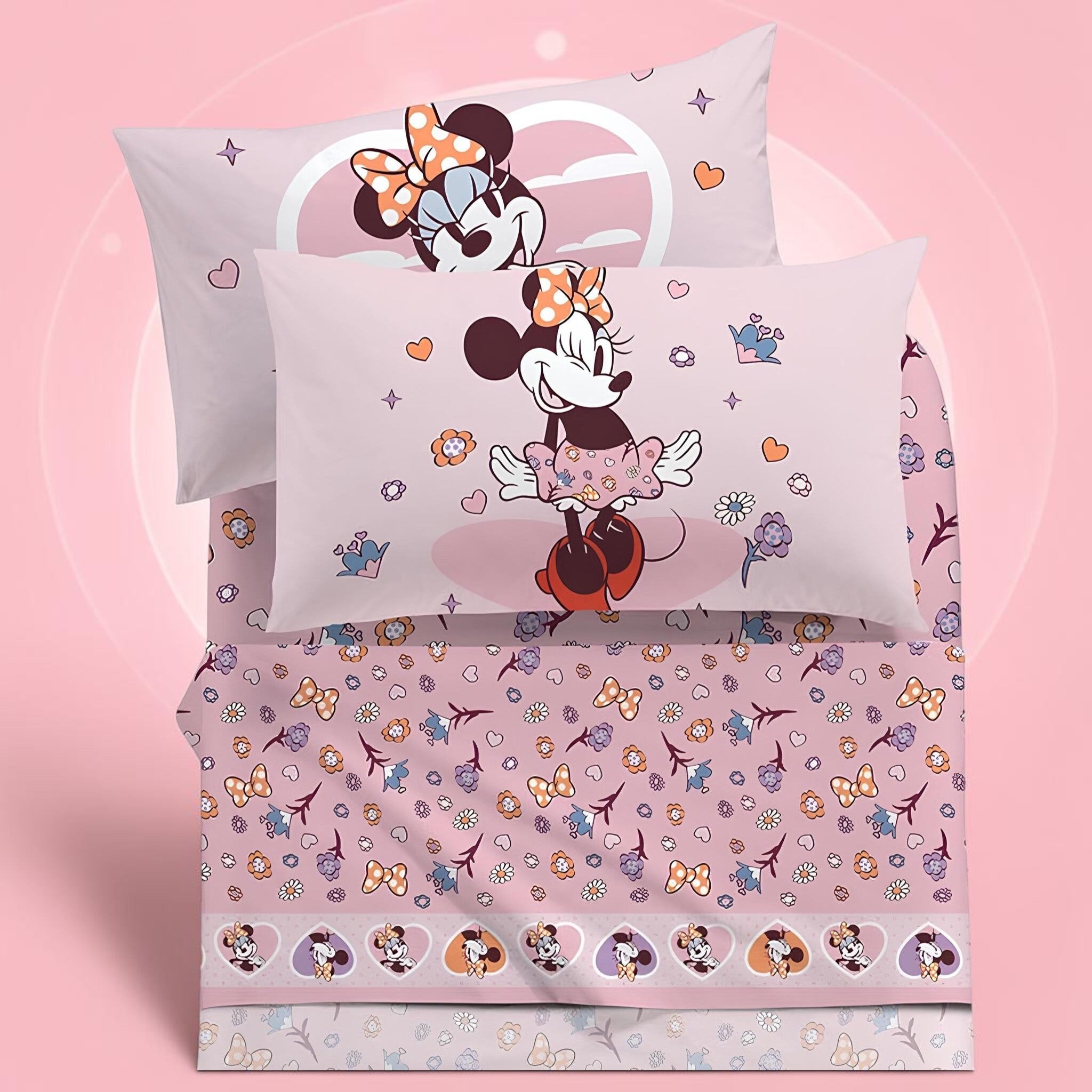 Set completo lenzuola singolo Caleffi Minnie Love con federa double face e lenzuola coordinate