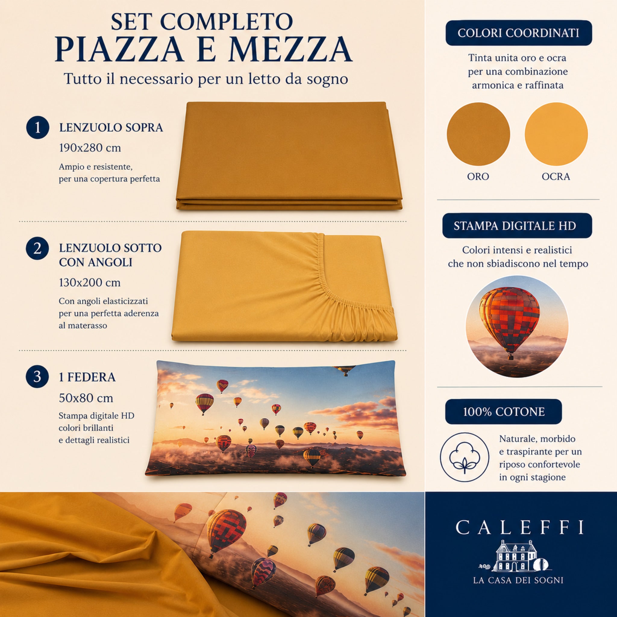 Set completo lenzuola una piazza e mezza Caleffi Mongolfiere con lenzuolo sopra sotto con angoli e federa