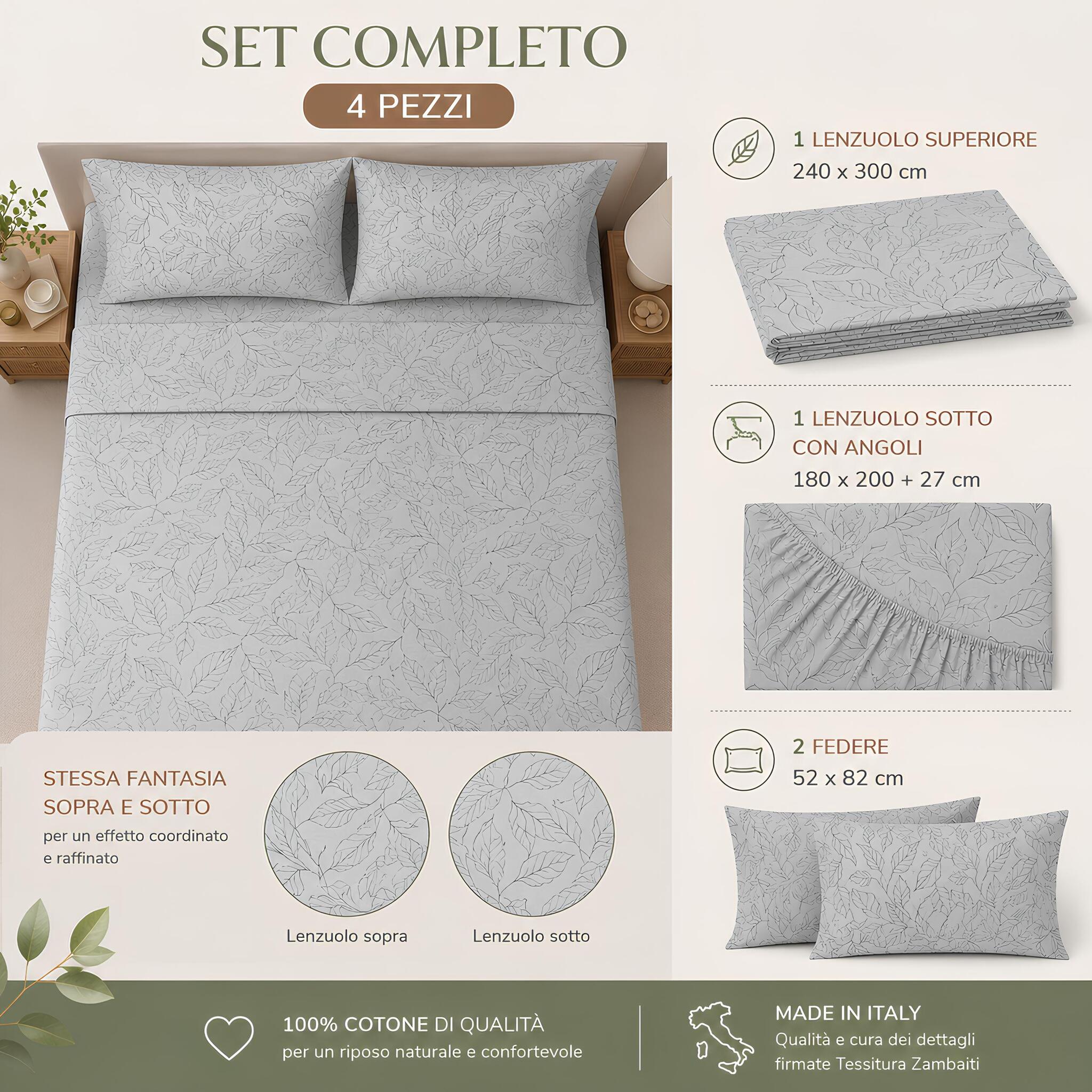 Set completo lenzuola matrimoniale Zambaiti Prion 4 pezzi con misure