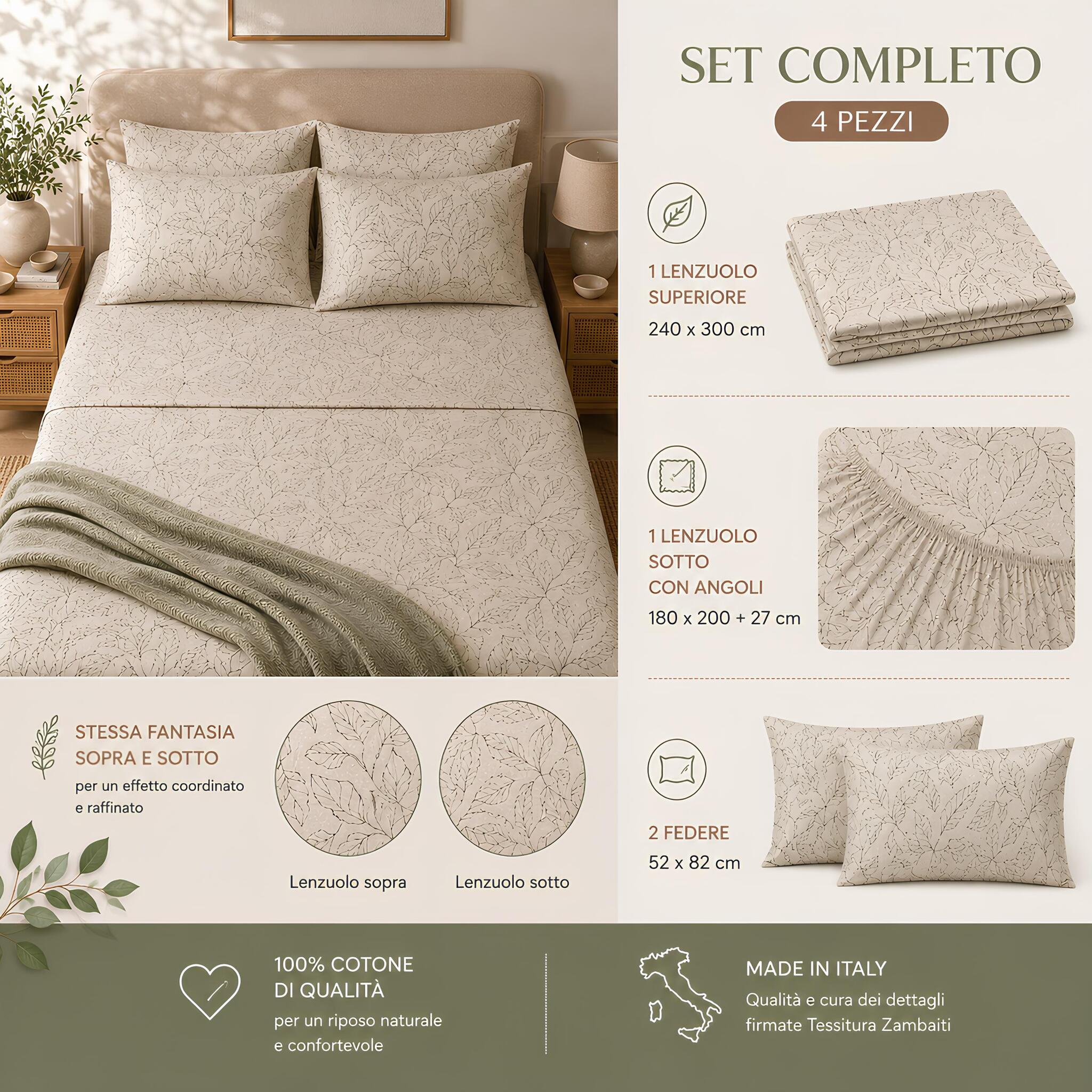 Completo lenzuola matrimoniale Zambaiti Prion tortora set 4 pezzi in cotone